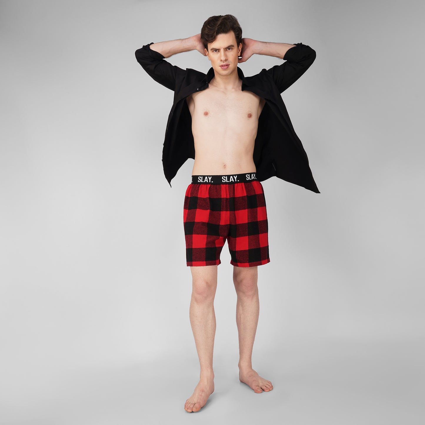 SLAY. Men's Cotton Red & Black Check Winter Boxers