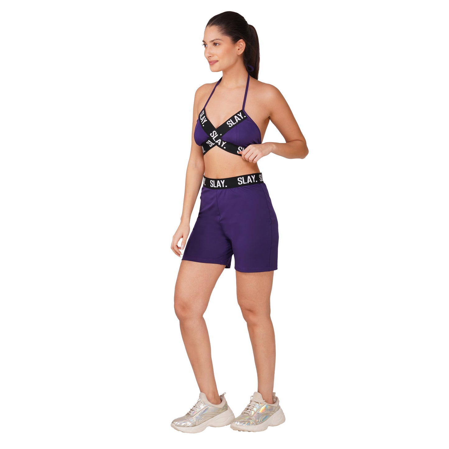 SLAY. Women's Purple Activewear Backless Sports Bra And High waist Shorts Co-ord Set