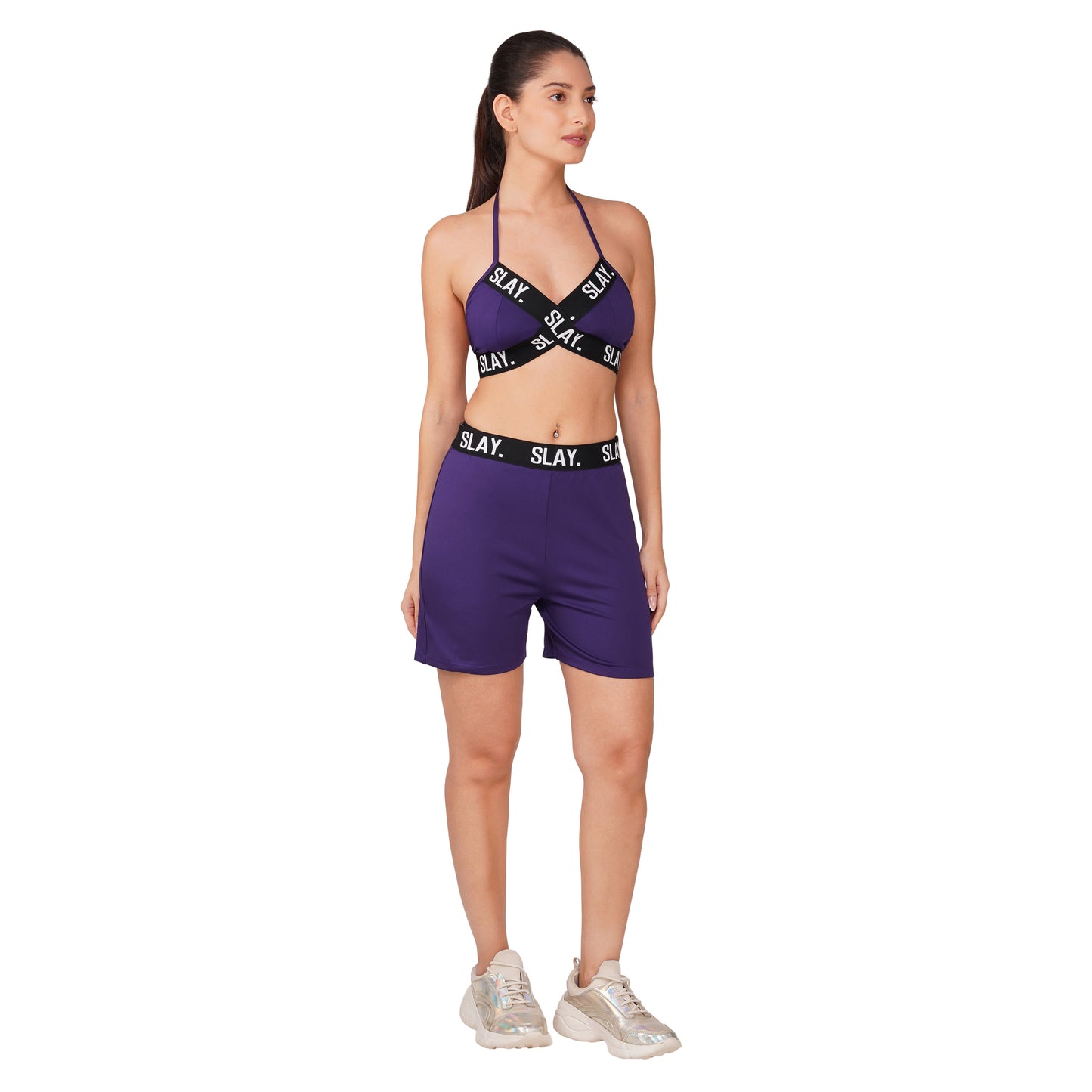 SLAY. Women's Purple Activewear Backless Sports Bra And High waist Shorts Co-ord Set