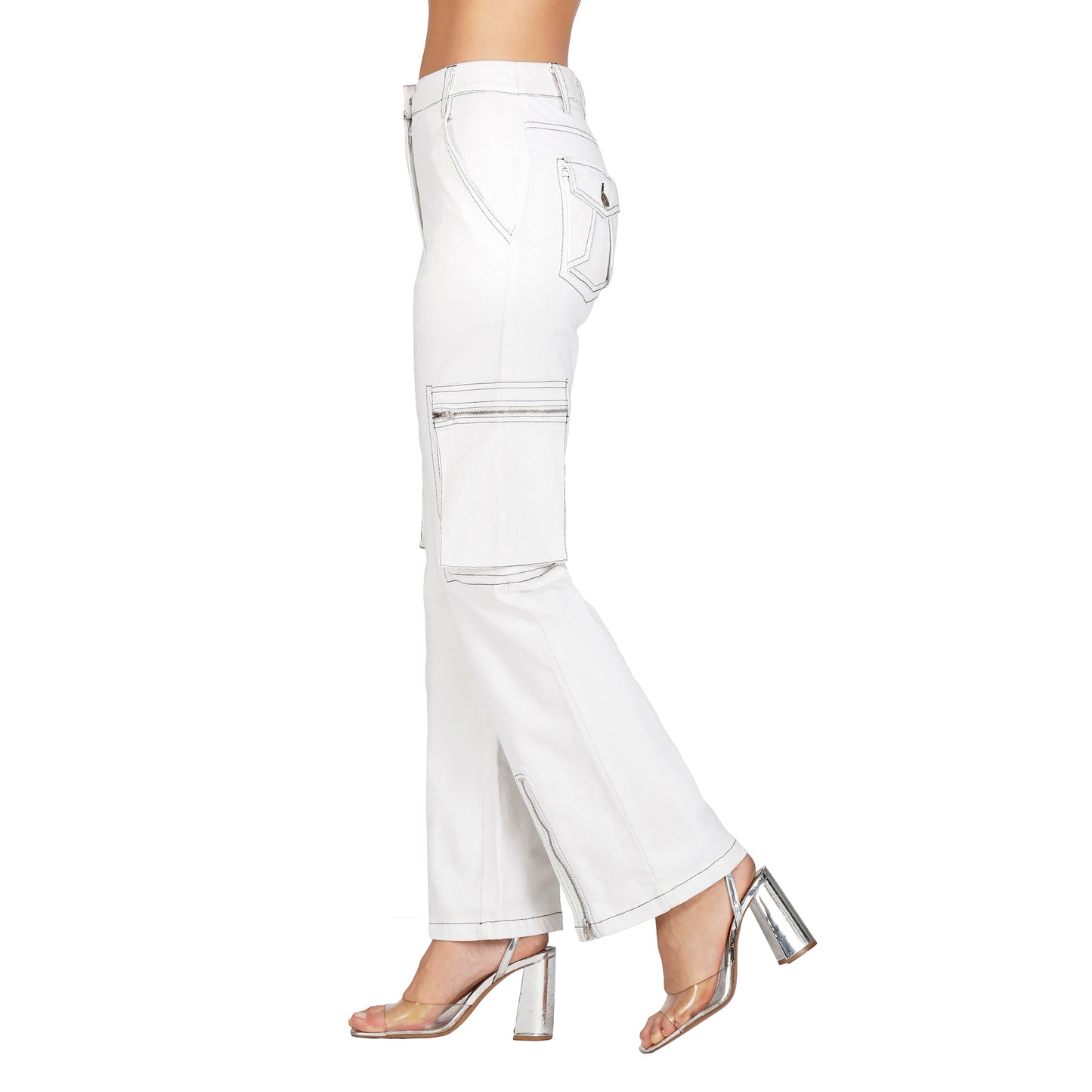 SLAY. Women's White Denim Zip up Corset & Cargo Jeans Co ord Set (Stretch Fabric)