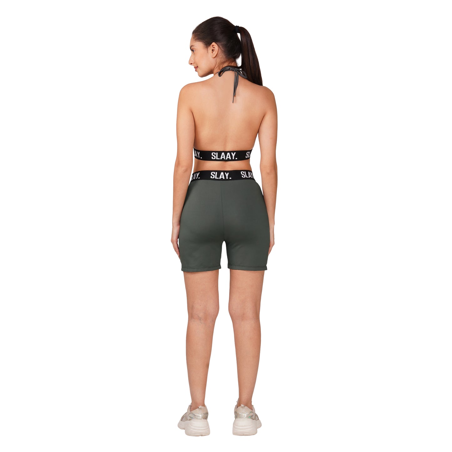 SLAY. Women's Grey Activewear Backless Sports Bra And High waist Shorts Co-ord Set