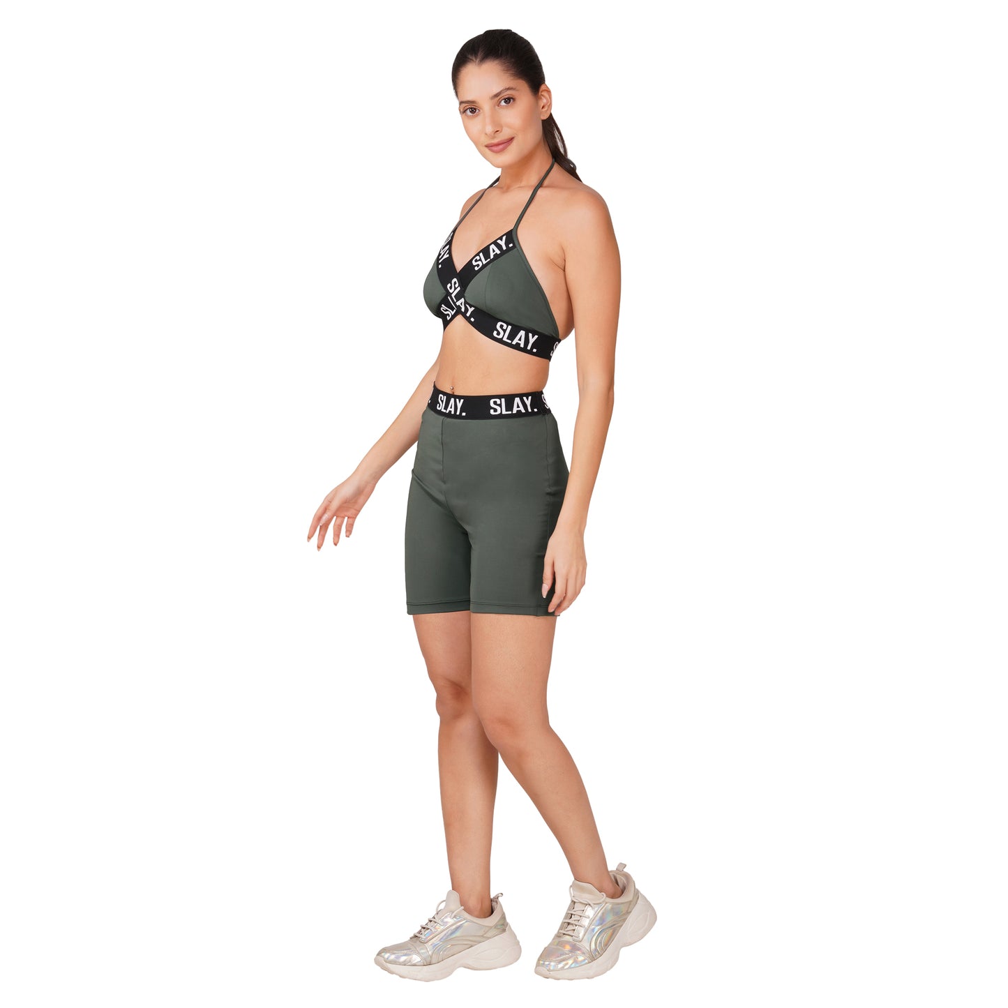 SLAY. Women's Grey Activewear Backless Sports Bra And High waist Shorts Co-ord Set