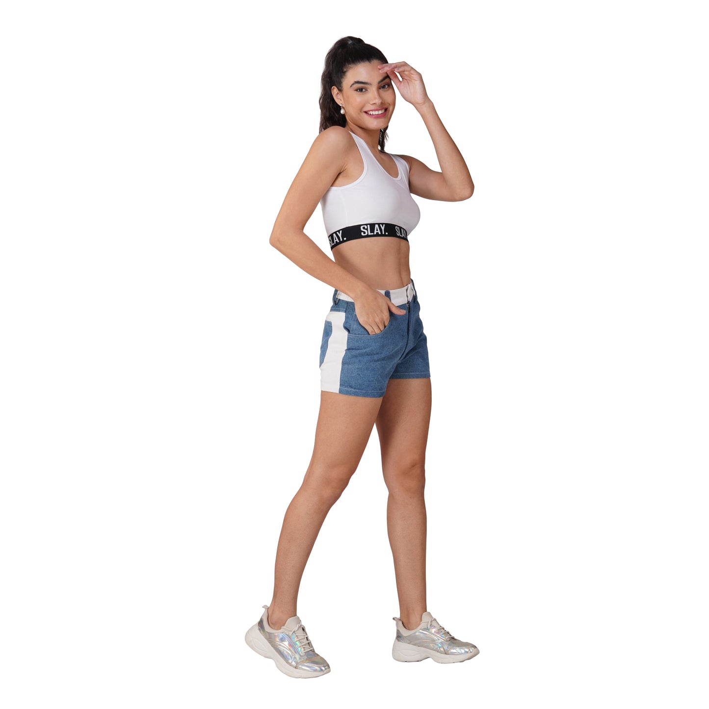 SLAY. Women's Colourblock High Waist Blue & White Colorblock Zip Fly Denim Shorts