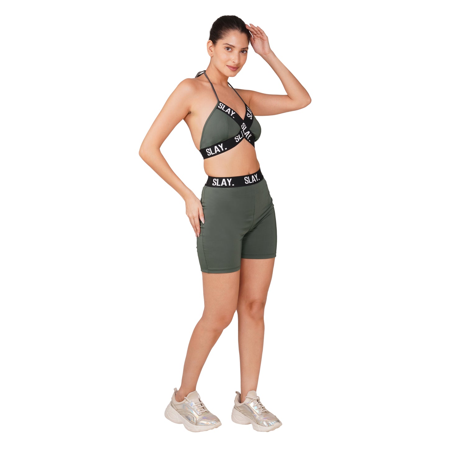 SLAY. Women's Grey Activewear Backless Sports Bra And High waist Shorts Co-ord Set