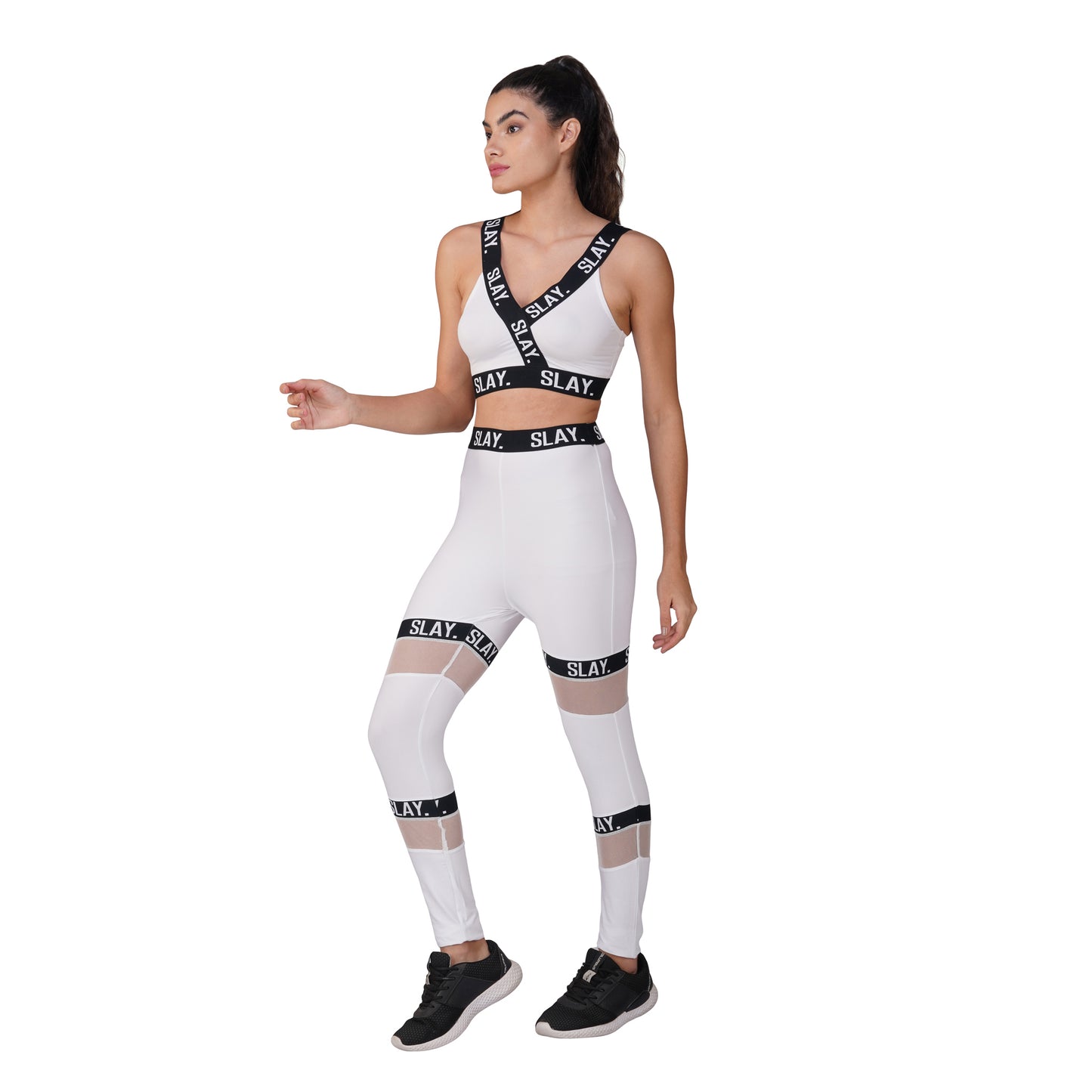 SLAY. Sport Women's Activewear Full Sleeves Crop Top And Pants Co-ord Set White