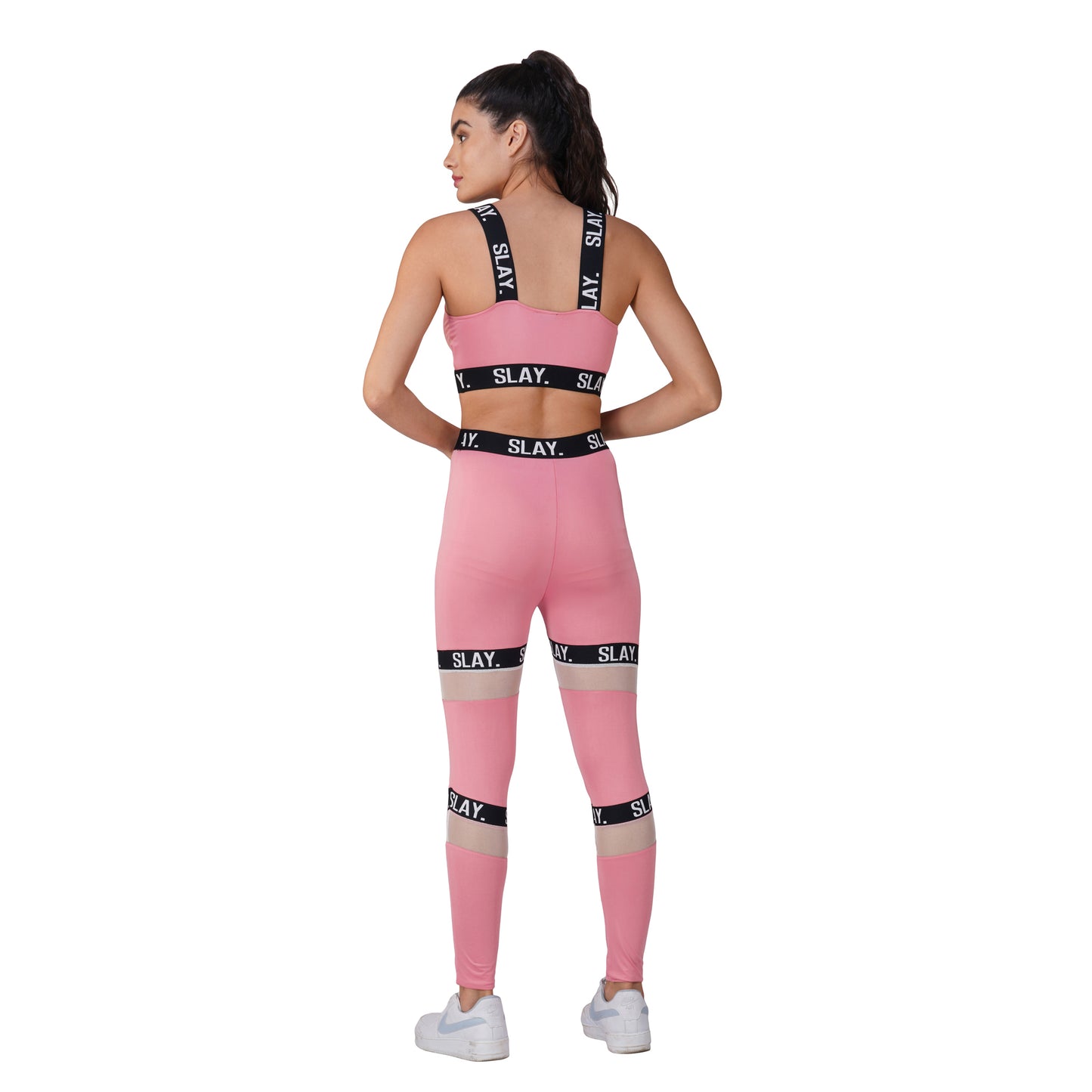 SLAY. Sport Women's Pink Activewear Full Sleeves Crop Top And Pants Co-ord Set