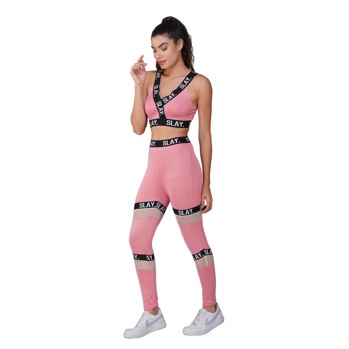 SLAY. Sport Women's Pink Activewear Full Sleeves Crop Top And Pants Co-ord Set