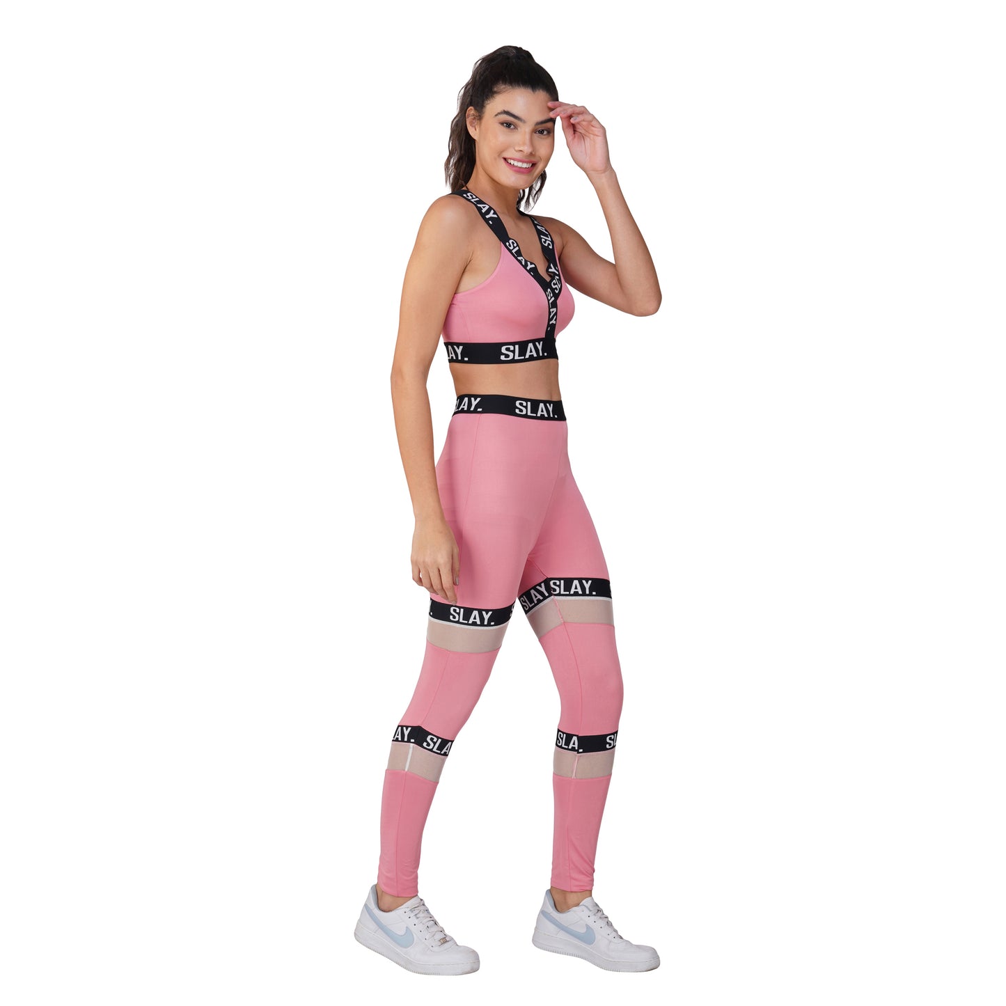SLAY. Sport Women's Pink Activewear Full Sleeves Crop Top And Pants Co-ord Set