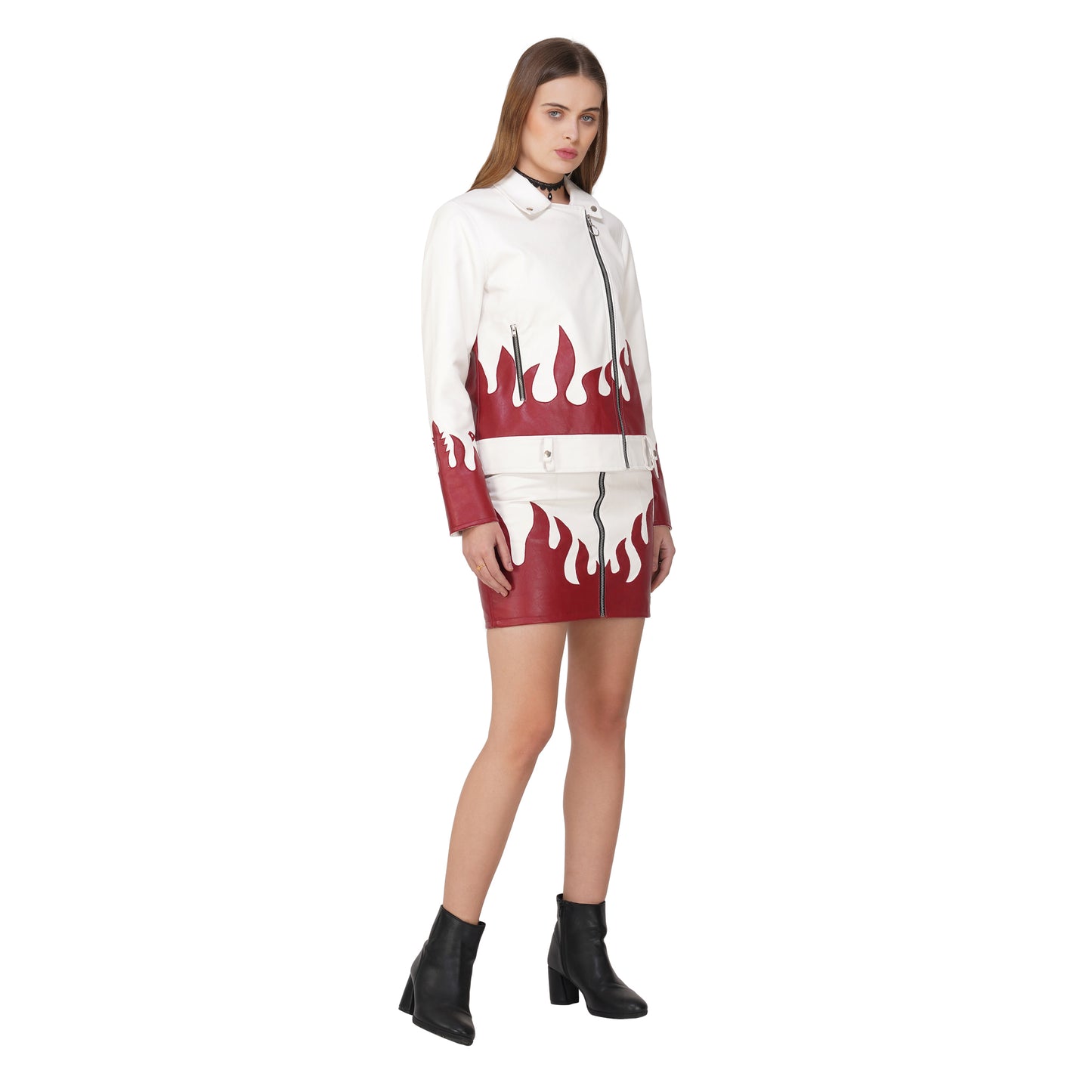 SLAY. Faux Leather Flames Jacket White & Red