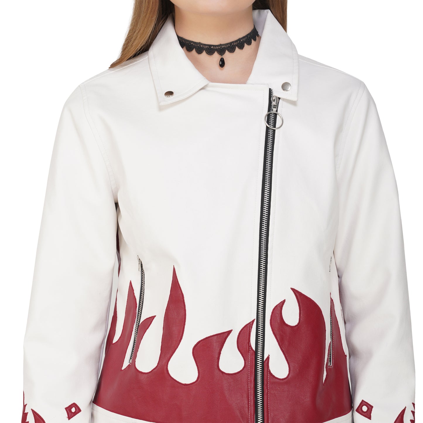 SLAY. Faux Leather Flames Jacket White & Red