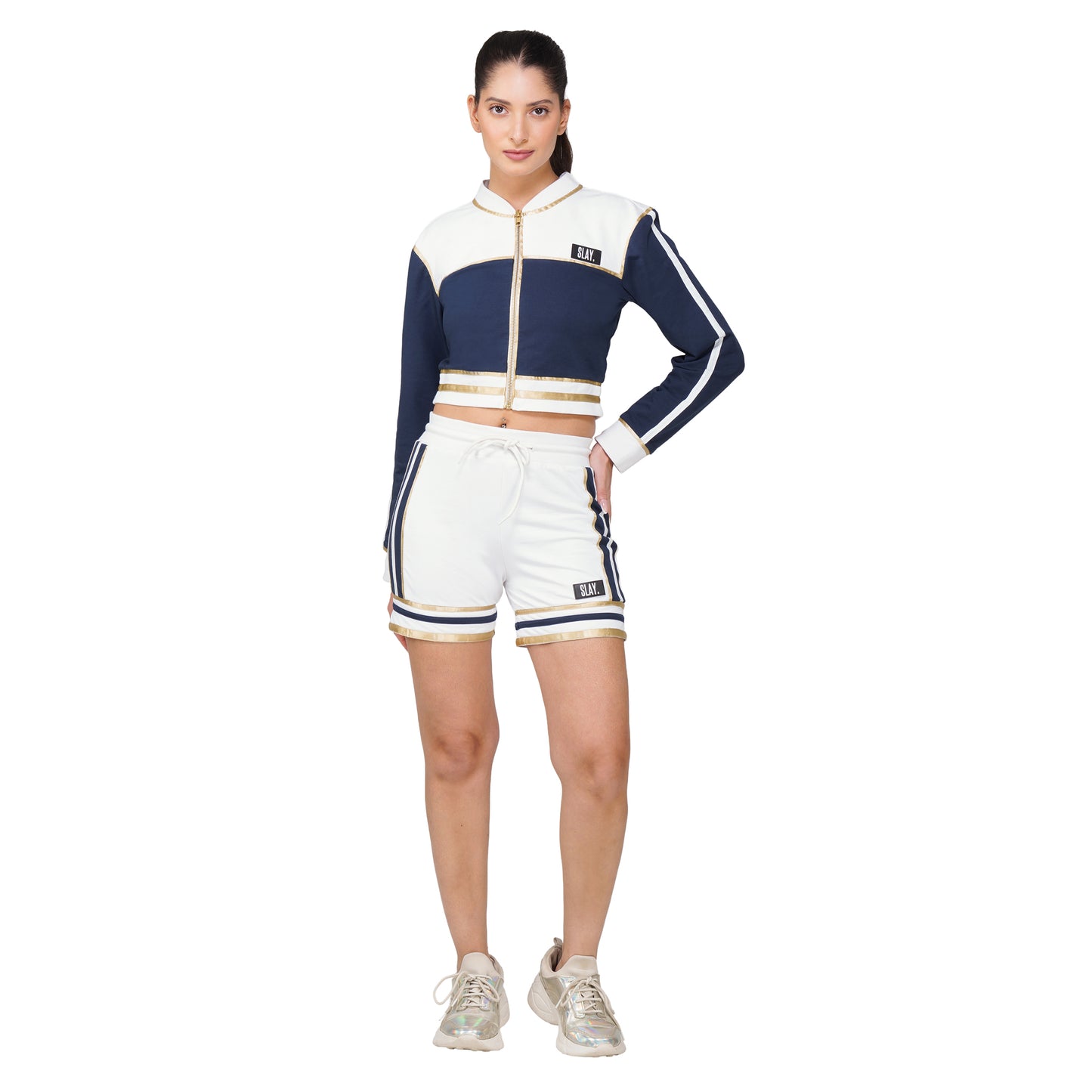 SLAY. Women's Blue Power Play 3-Piece Co-ord Set – Jacket + Crop Top + Shorts or Pants | Made to Order