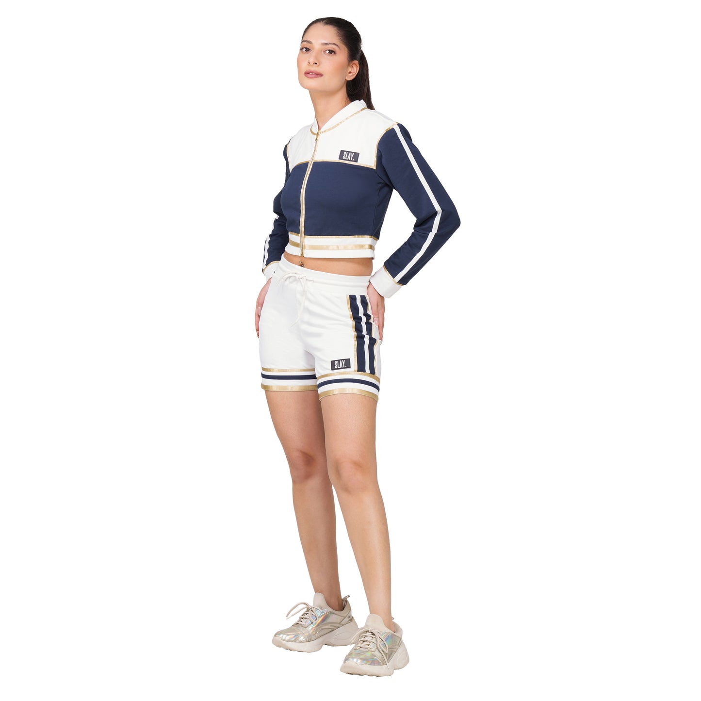 SLAY. Women's Blue Power Play 3-Piece Co-ord Set – Jacket + Crop Top + Shorts or Pants | Made to Order