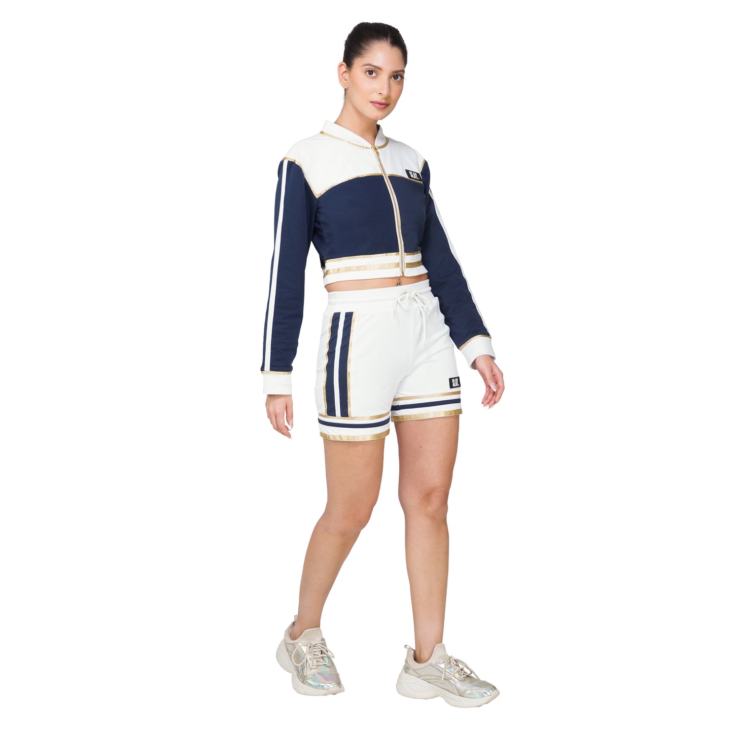 SLAY. Women's Blue Power Play 3-Piece Co-ord Set – Jacket + Crop Top + Shorts or Pants | Made to Order
