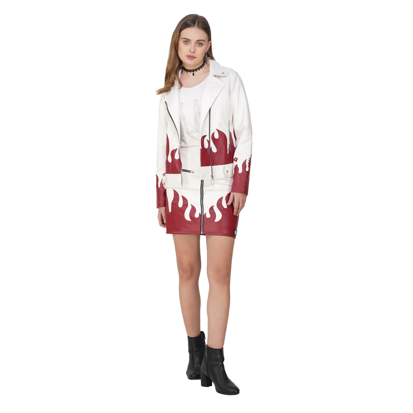 SLAY. Faux Leather Flames Jacket & Skirt Co-ord Set White & Red