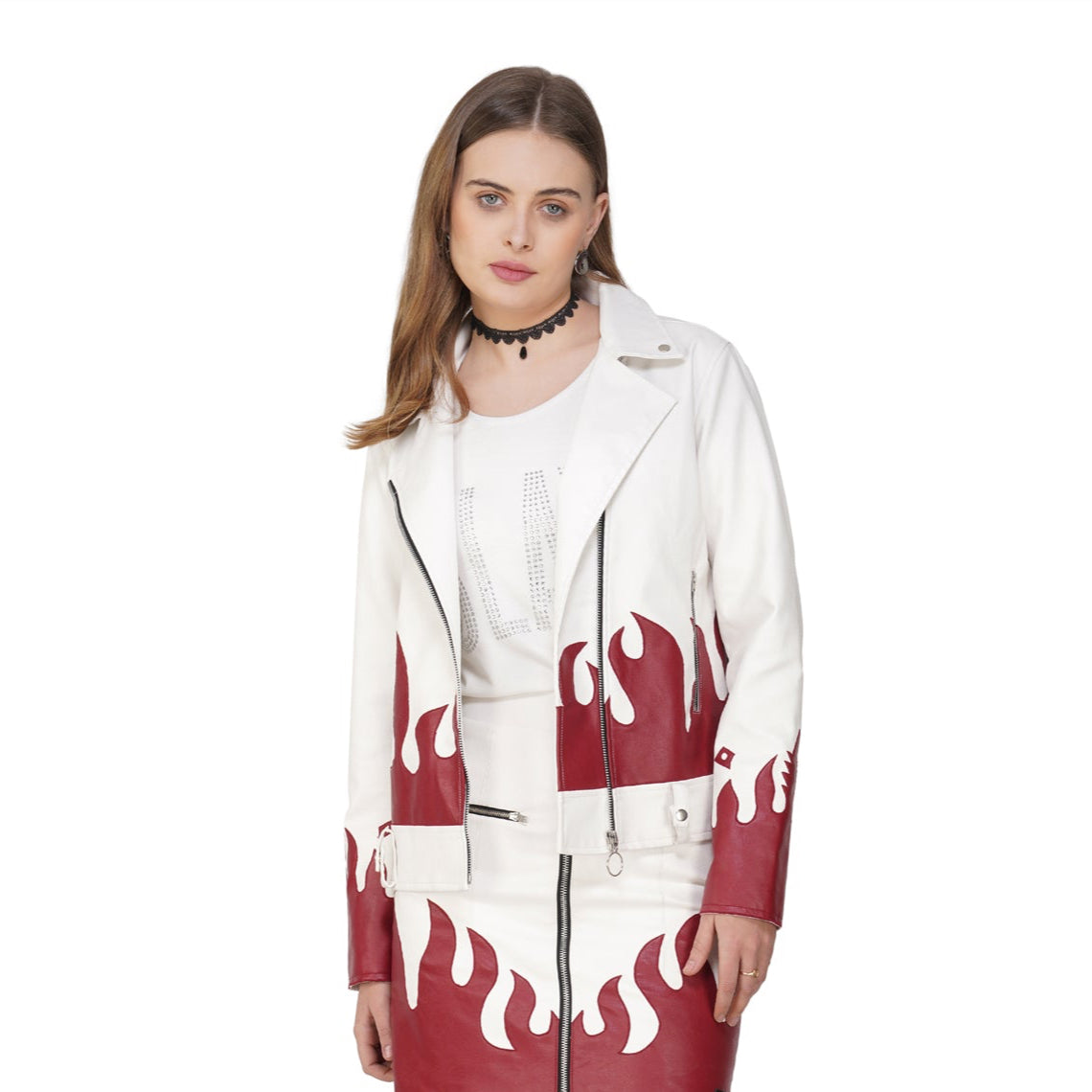 SLAY. Faux Leather Flames Jacket White & Red