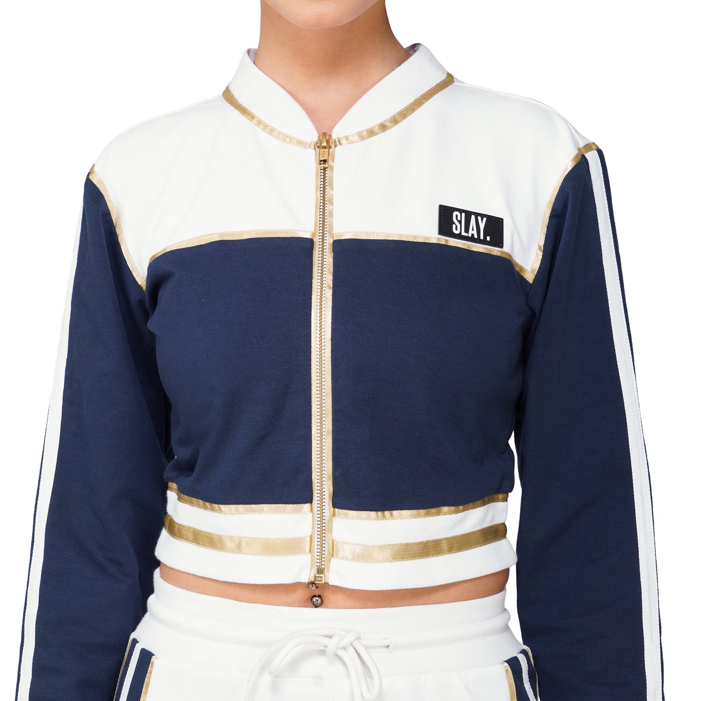 SLAY. Women's Blue Power Play 3-Piece Co-ord Set – Jacket + Crop Top + Shorts or Pants | Made to Order