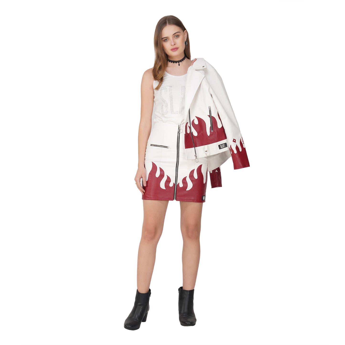 SLAY. Faux Leather Flames Jacket White & Red
