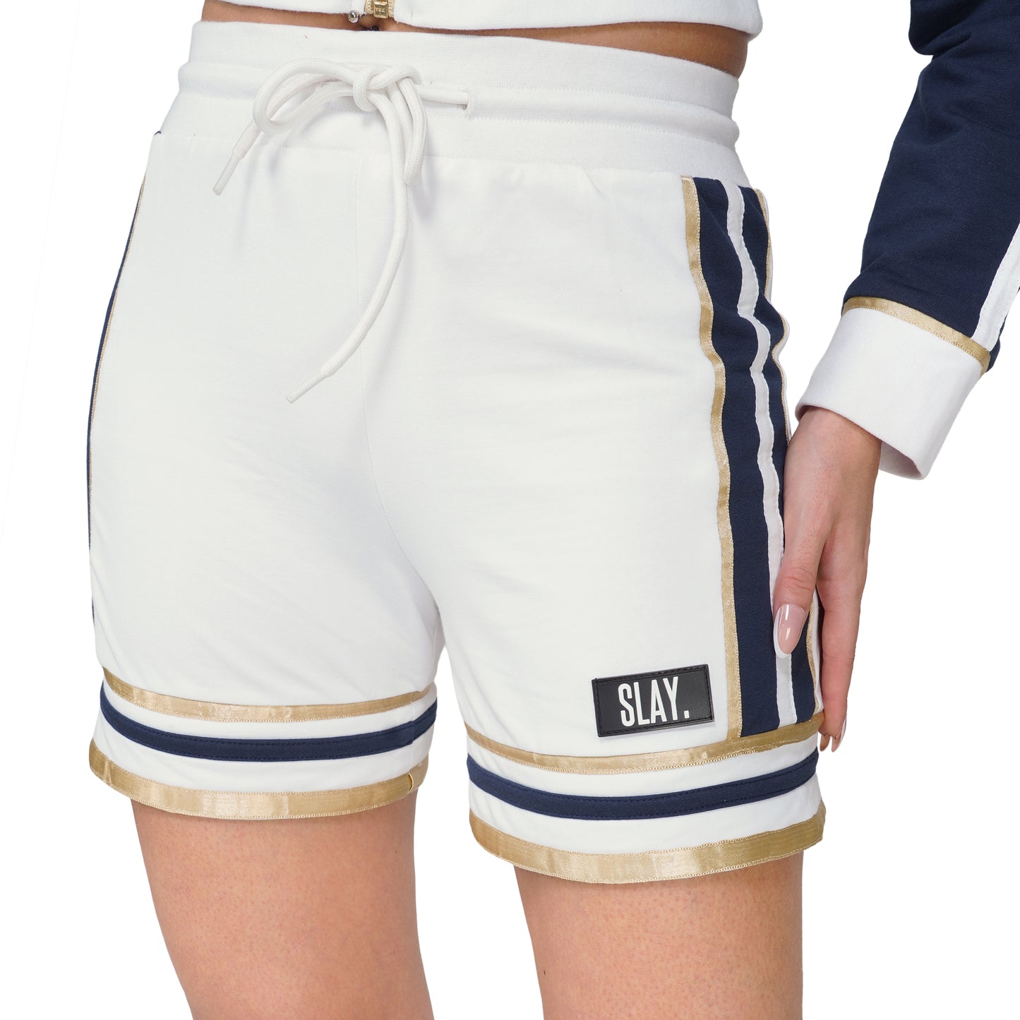 SLAY. Women's Blue Power Play 3-Piece Co-ord Set – Jacket + Crop Top + Shorts or Pants | Made to Order