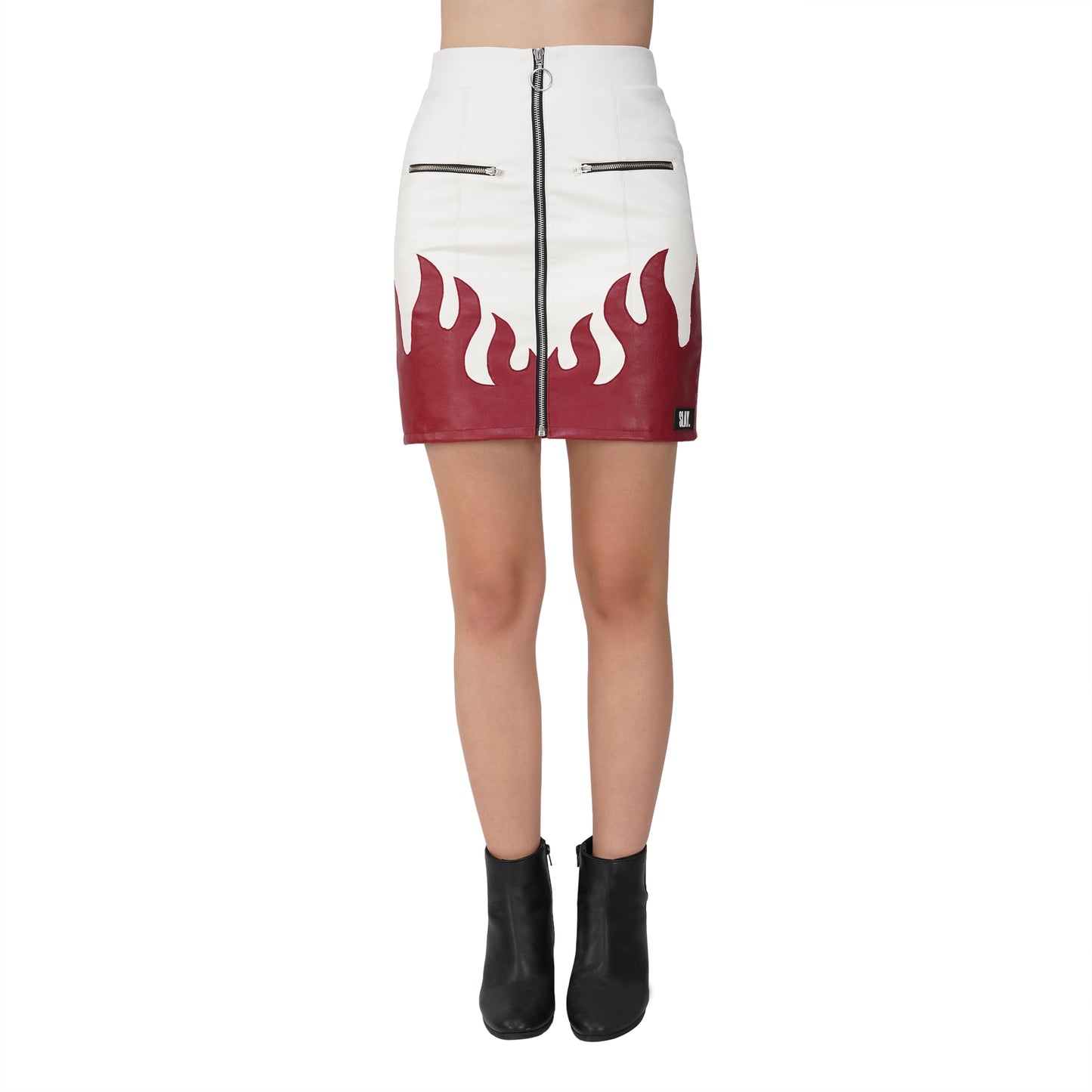 SLAY. Women's Faux Leather Flame Mini Skirt White & Red