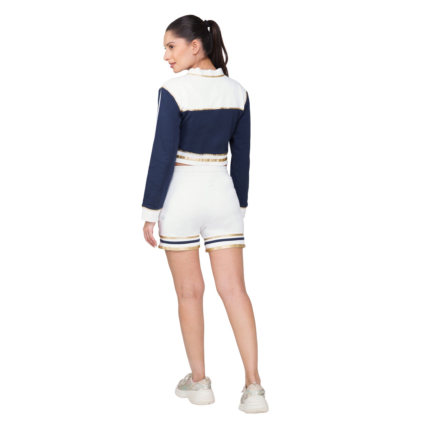 SLAY. Women's Blue Power Play 3-Piece Co-ord Set – Jacket + Crop Top + Shorts or Pants | Made to Order
