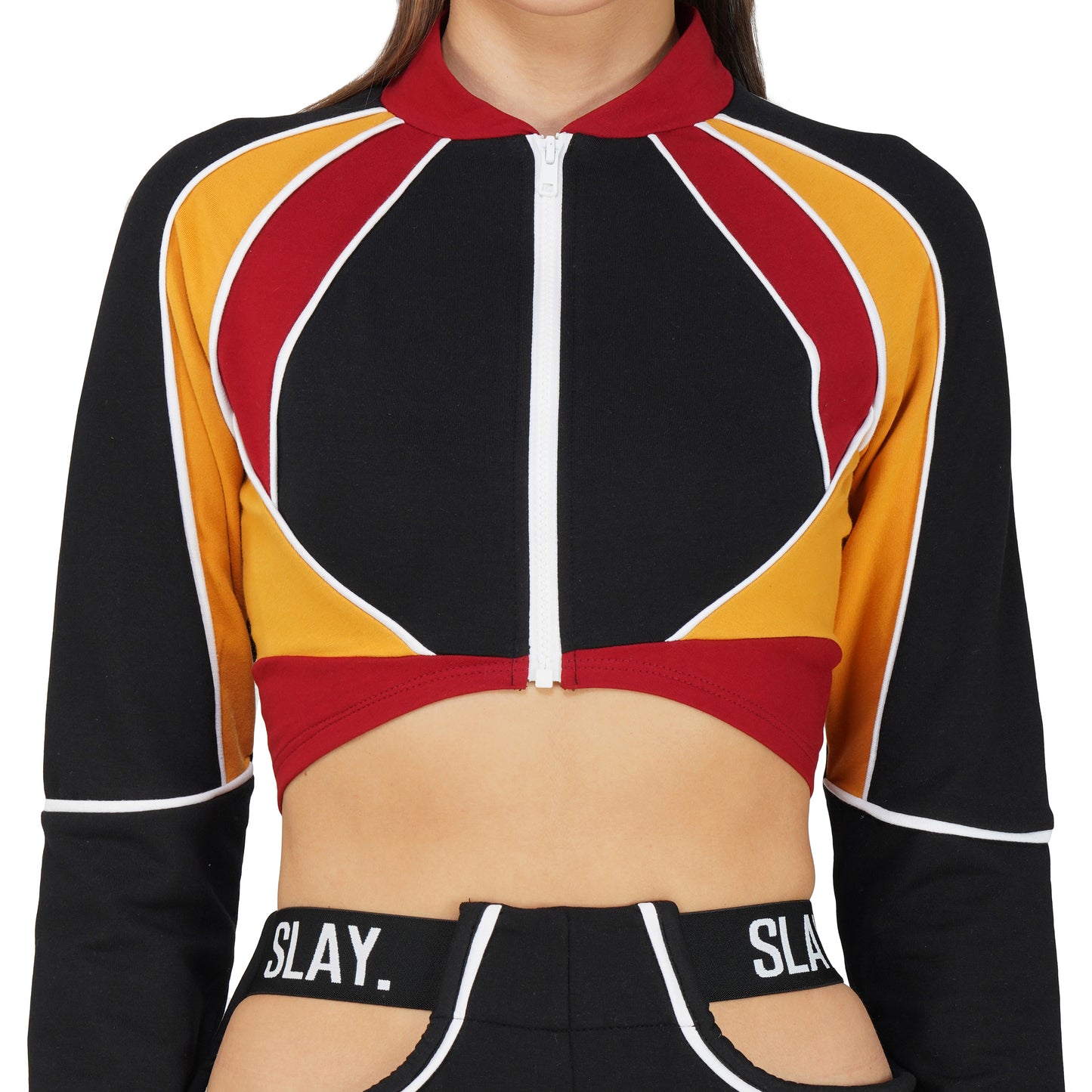 SLAY. Women's Activewear Tracksuit Colorblock Crop Jacket & High Waist Cargo Pants Co-ord Set(3 piece)