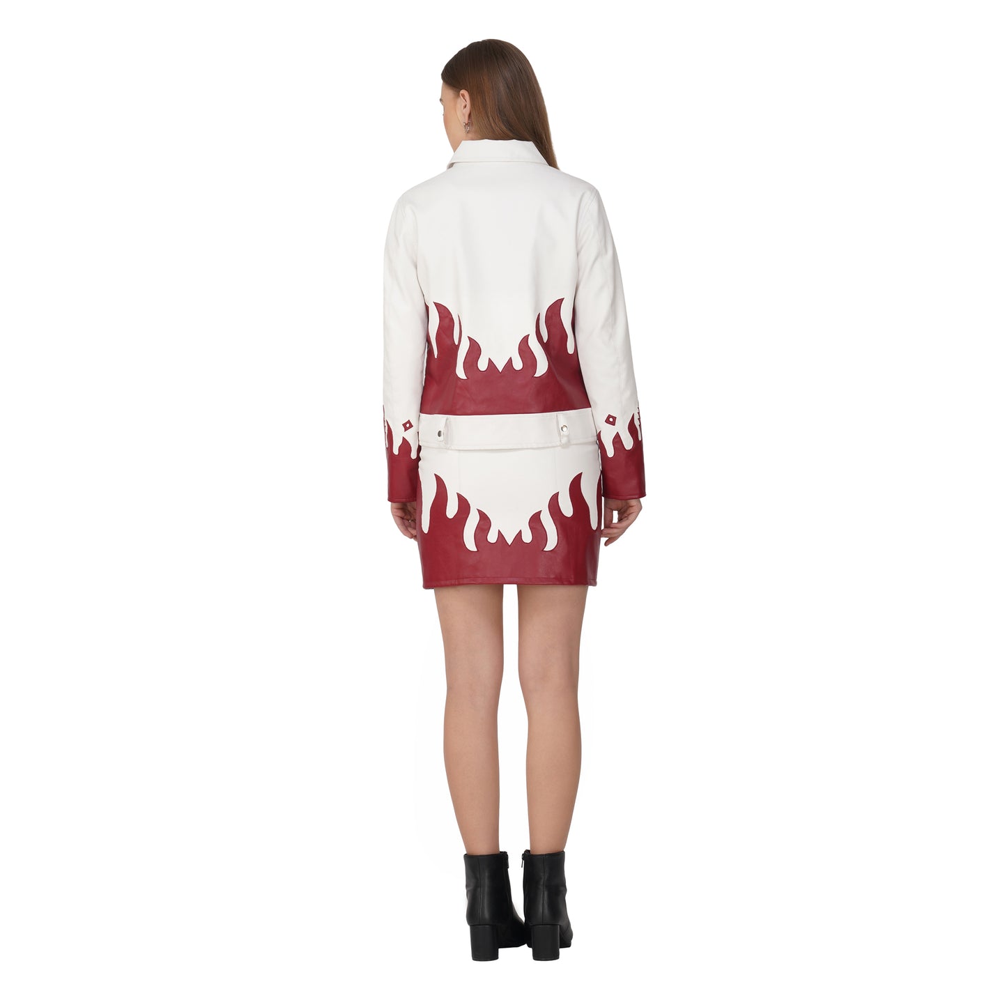 SLAY. Faux Leather Flames Jacket & Skirt Co-ord Set White & Red