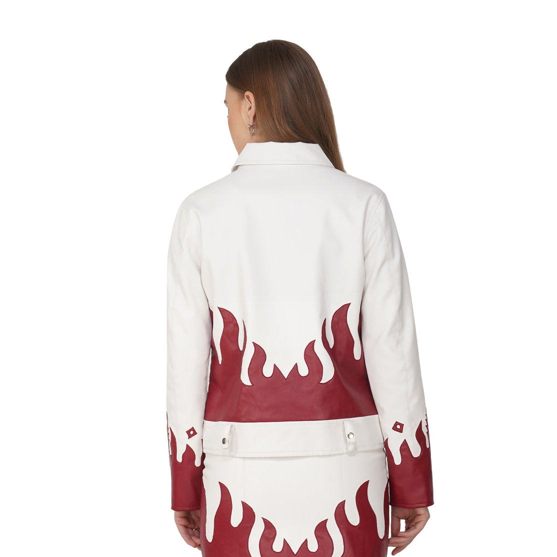 SLAY. Faux Leather Flames Jacket White & Red