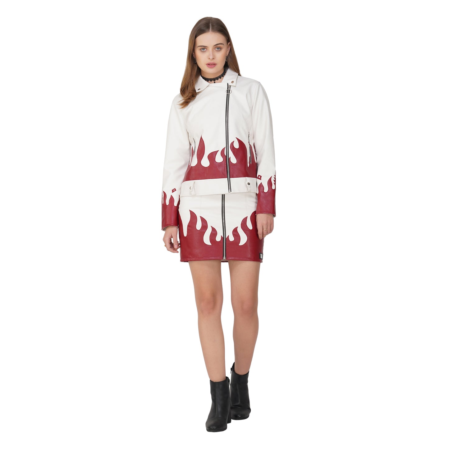 SLAY. Faux Leather Flames Jacket White & Red