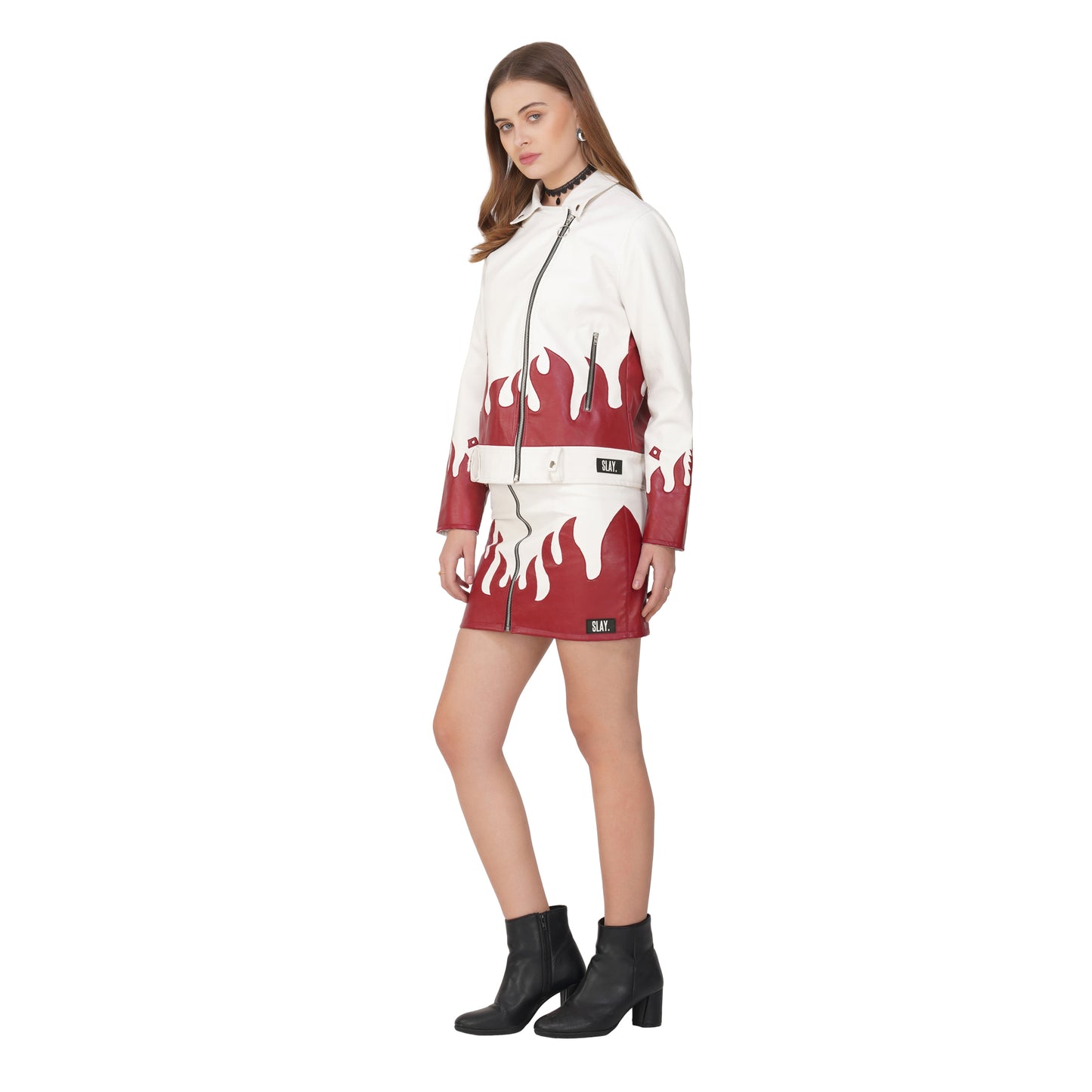 SLAY. Faux Leather Flames Jacket White & Red