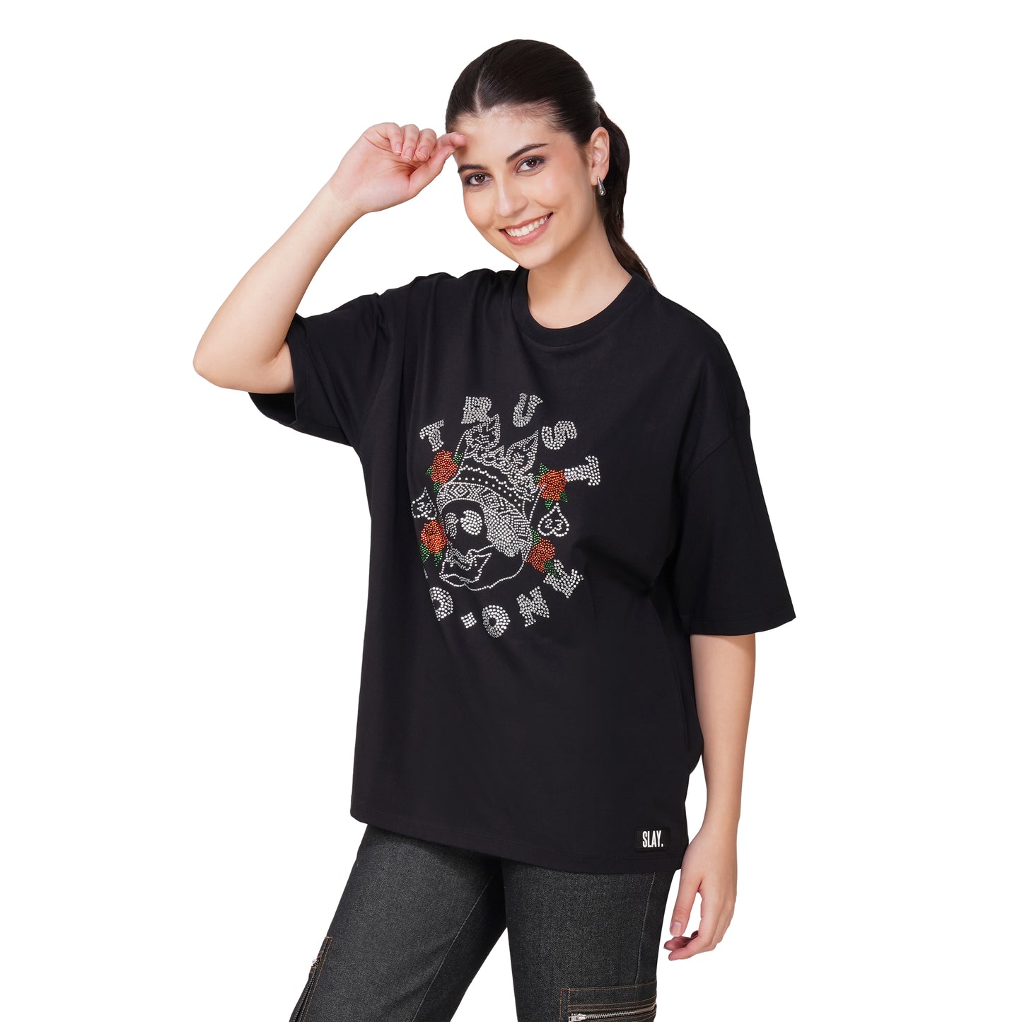 SLAY. Trust No One Crystal Embellised Oversized T-Shirt