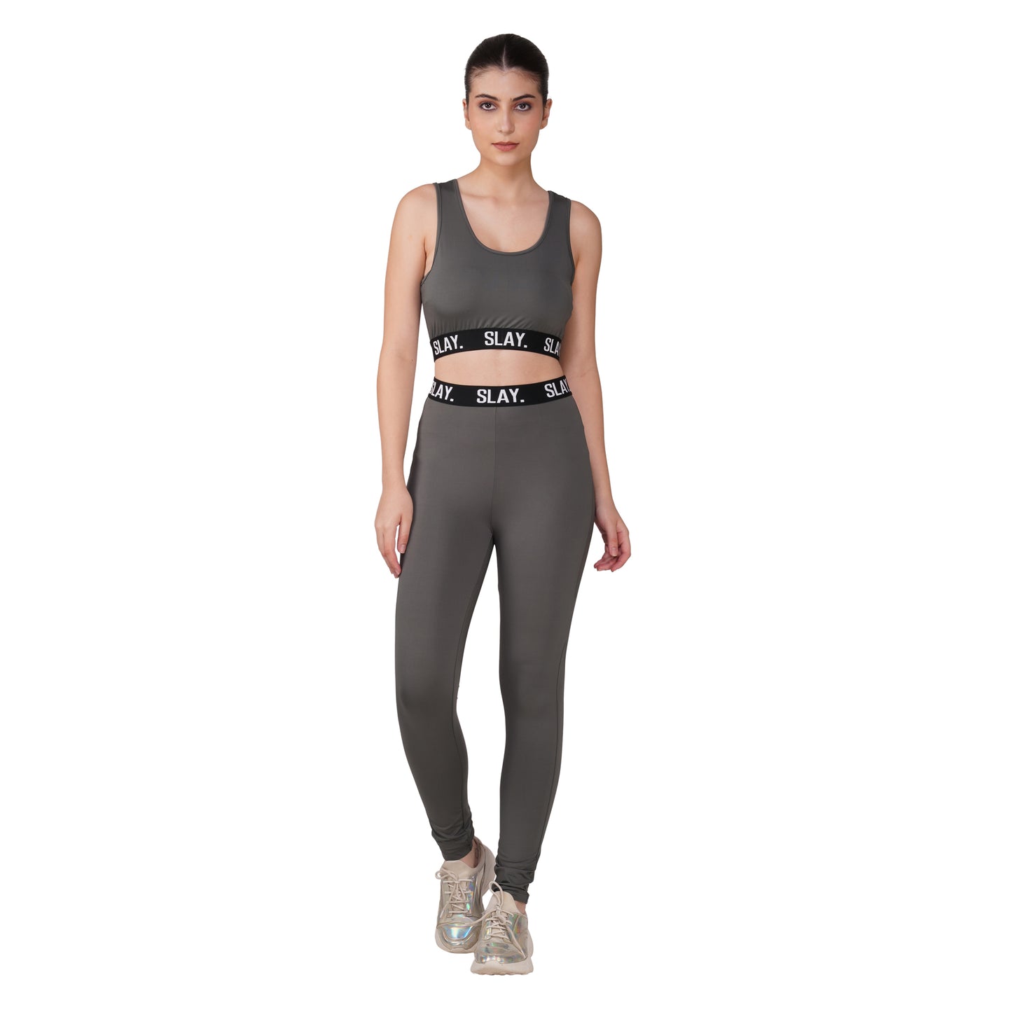 SLAY.Women's Grey Activewear Crop Top And Pants Co-ord Set (Copy)