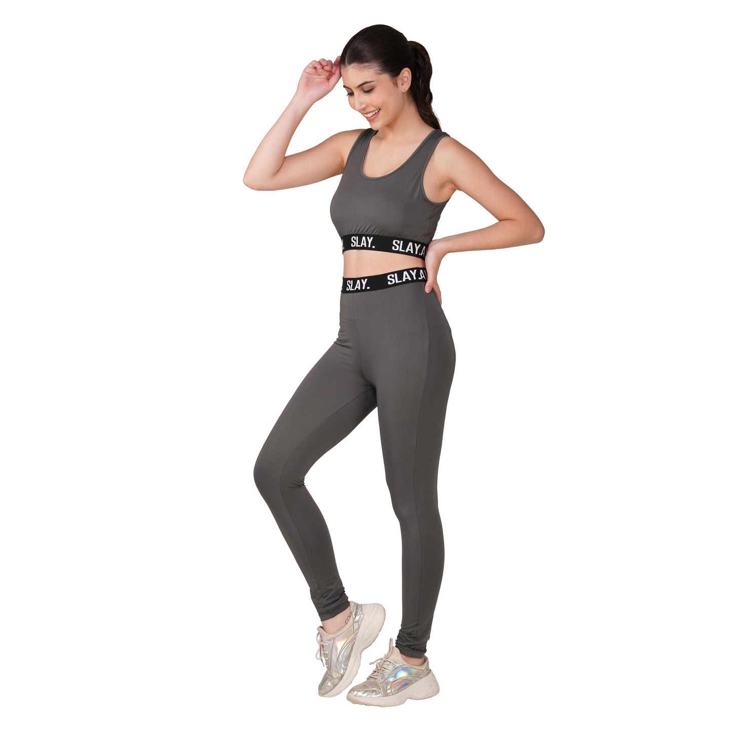 SLAY.Women's Grey Activewear Crop Top And Pants Co-ord Set (Copy)