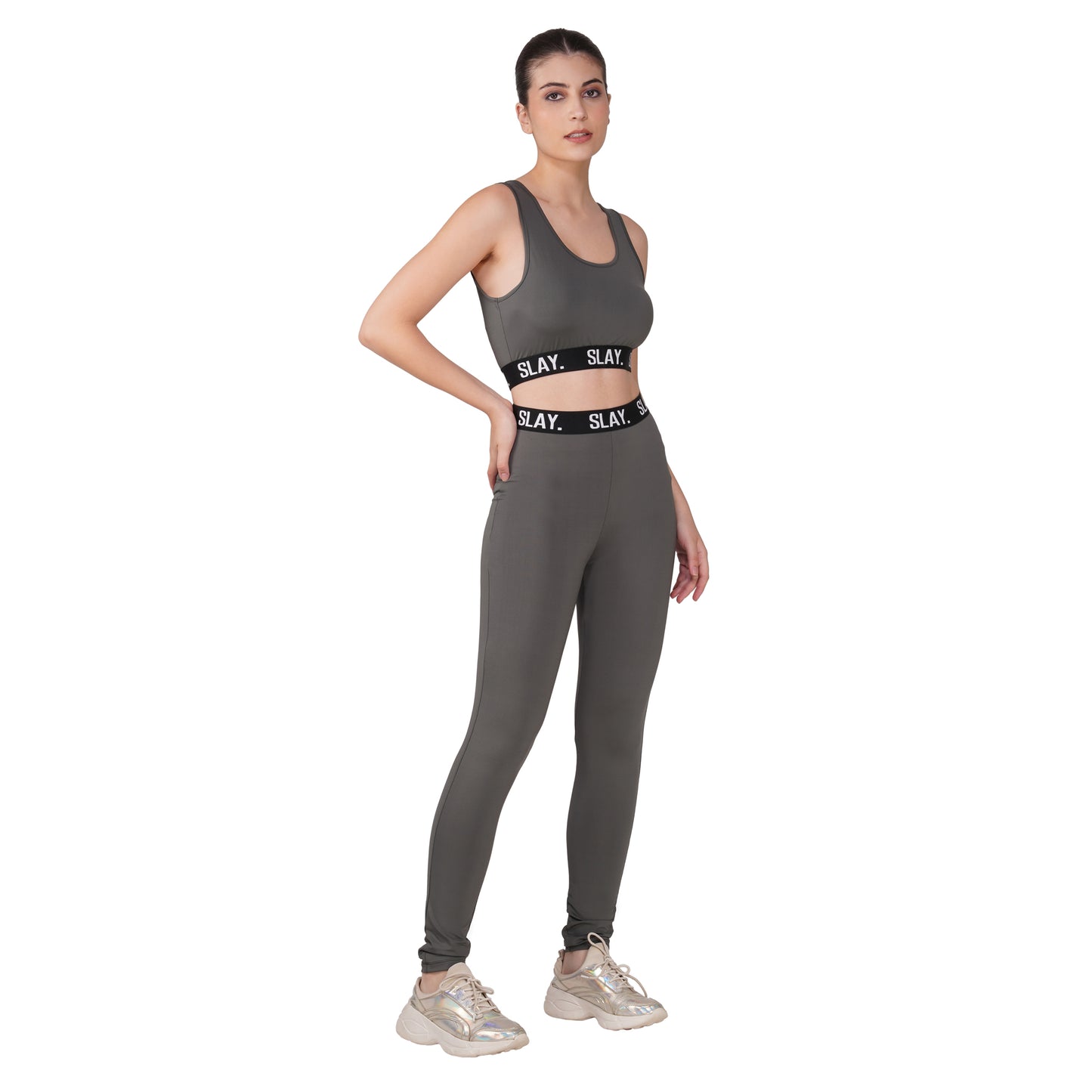SLAY.Women's Grey Activewear Crop Top And Pants Co-ord Set (Copy)