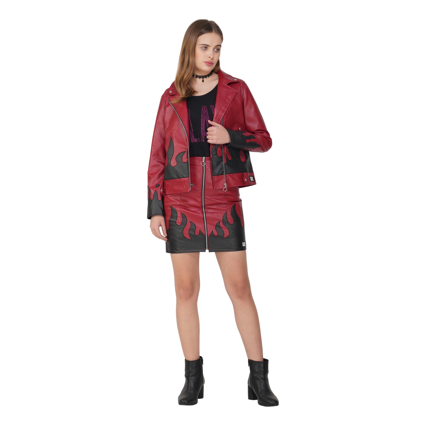 SLAY. Faux Leather Flames Jacket Red & Black
