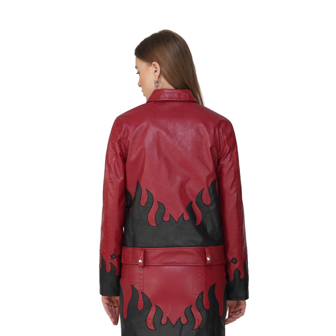 SLAY. Faux Leather Flames Jacket Red & Black