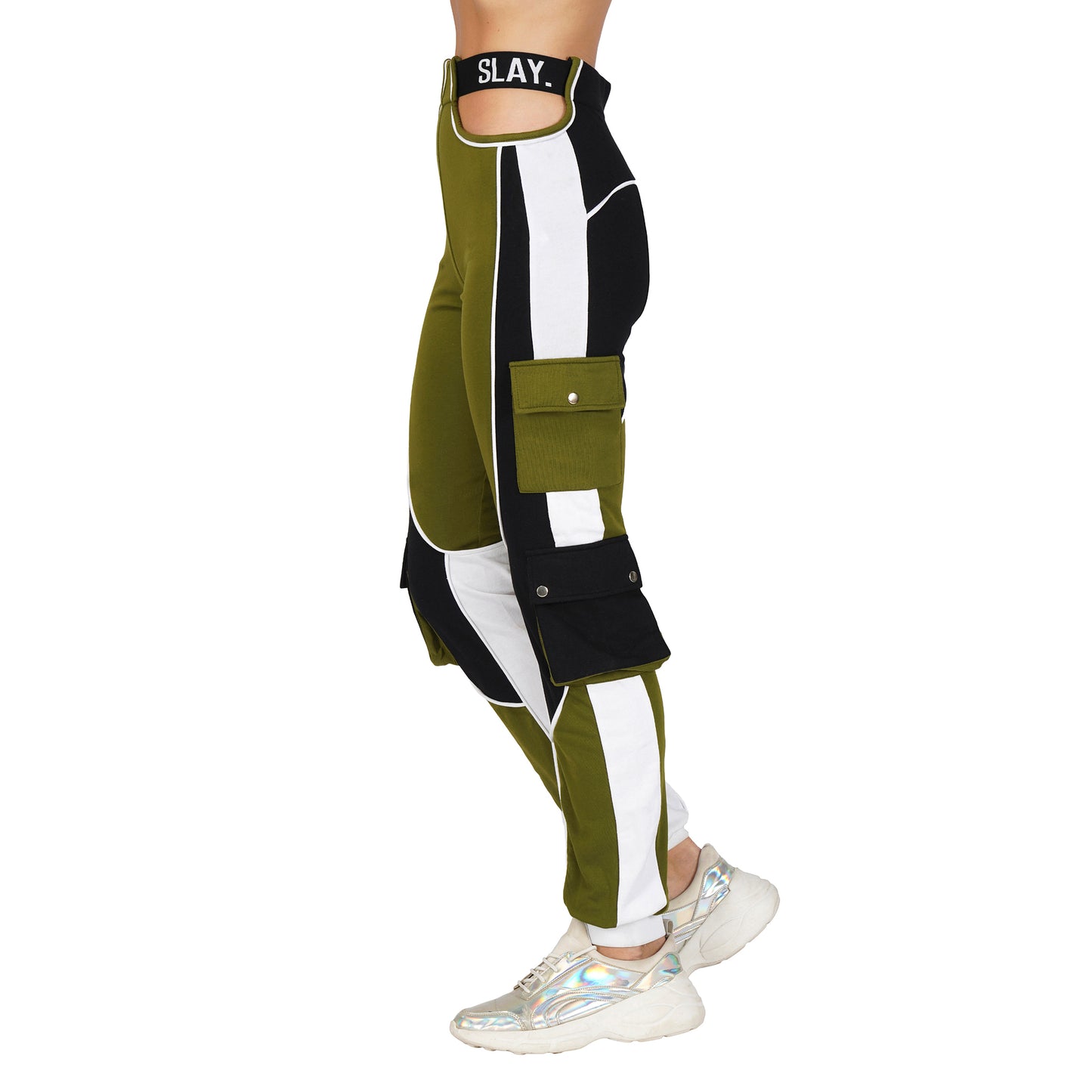 SLAY. Women's Activewear Tracksuit Olive Colorblock Crop Jacket & High Waist Cargo Pants Co-ord Set(3 piece)