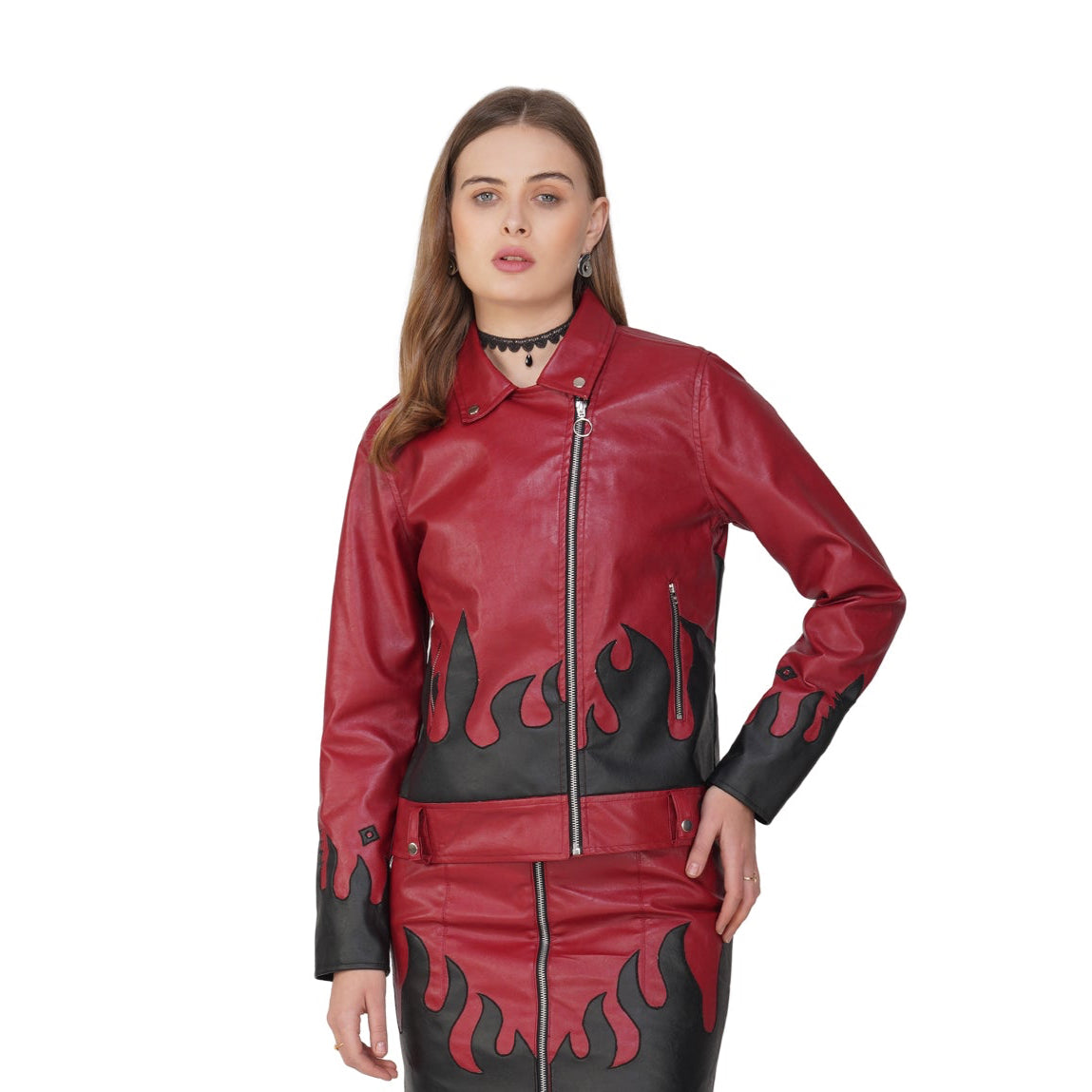 SLAY. Faux Leather Flames Jacket Red & Black