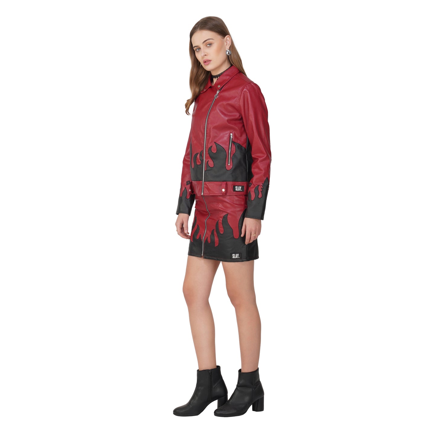 SLAY. Faux Leather Flames Jacket Red & Black