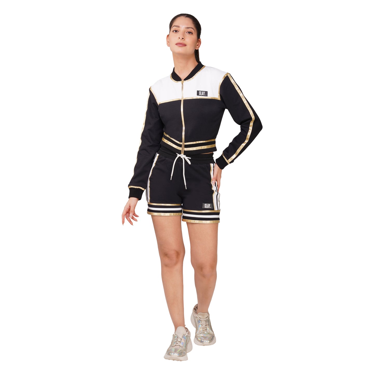 SLAY. Women's Black Power Play 3-Piece Co-ord Set – Jacket + Crop Top + Shorts or Pants | Made to Order
