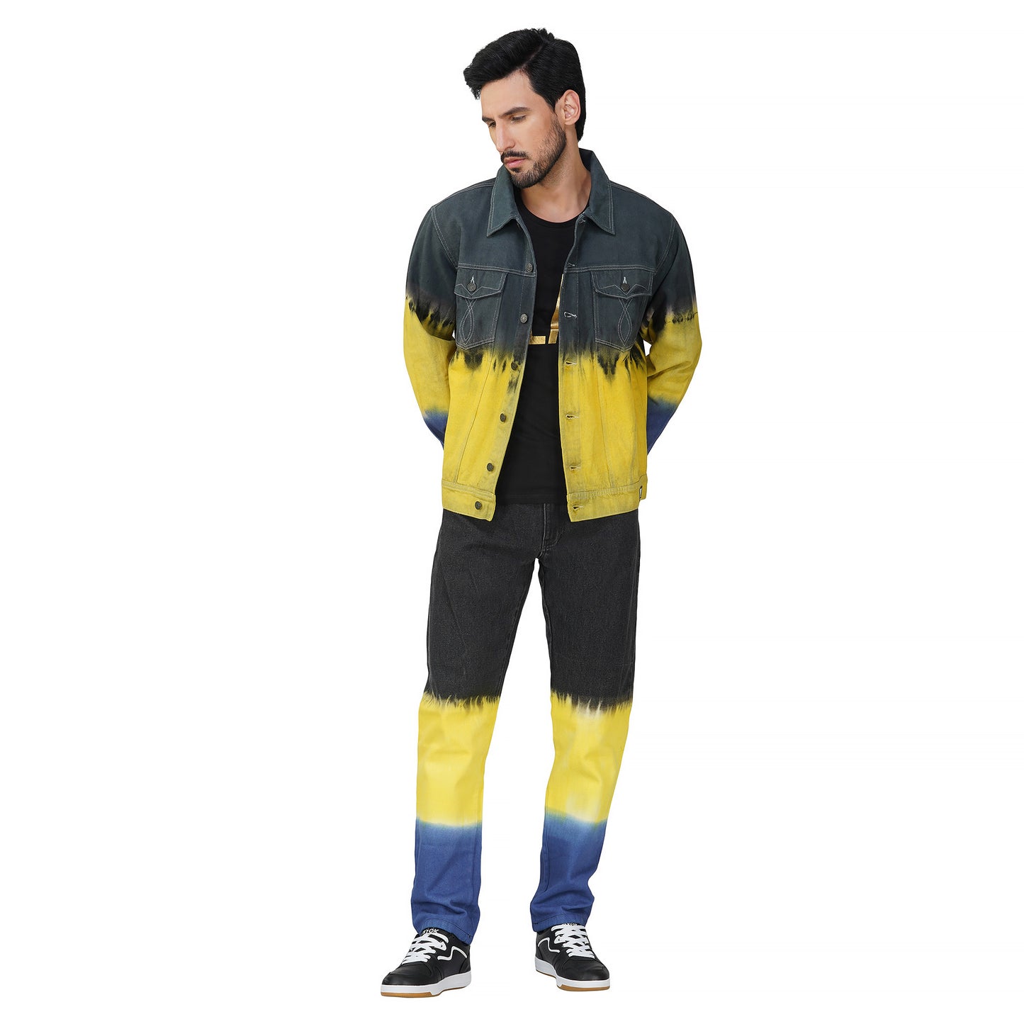 SLAY. Men's Black Yellow Blue Ombre Denim Jacket & Jeans Co-ord Set