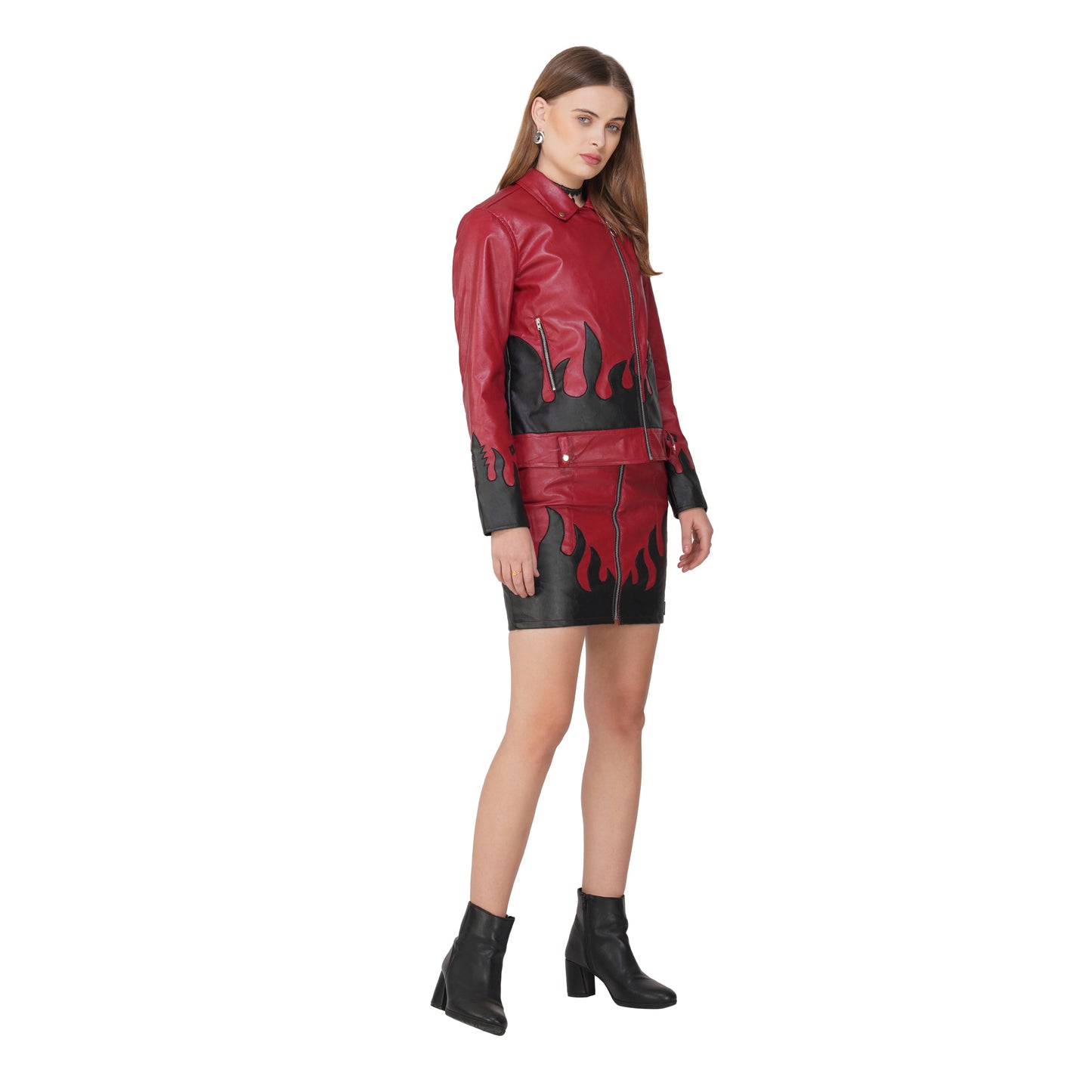 SLAY. Faux Leather Flames Jacket Red & Black