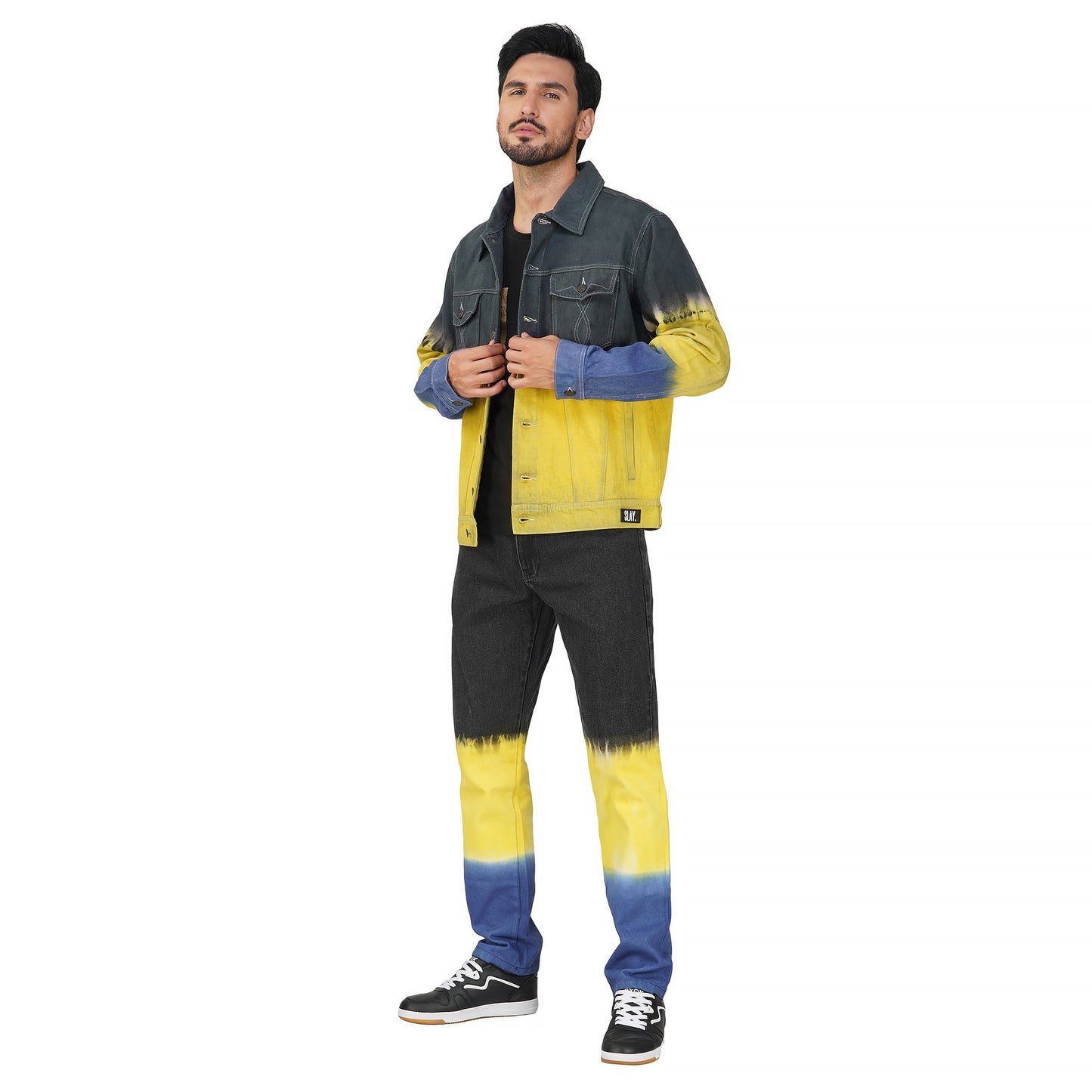 SLAY. Men's Black Yellow Blue Ombre Denim Jacket & Jeans Co-ord Set