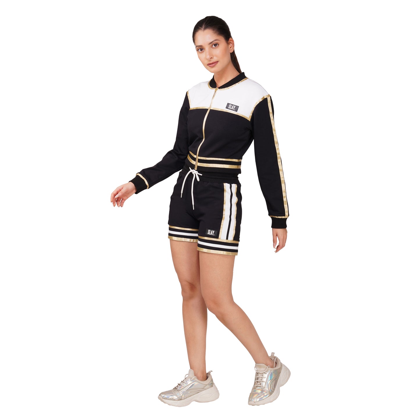SLAY. Women's Black Power Play 3-Piece Co-ord Set – Jacket + Crop Top + Shorts or Pants | Made to Order