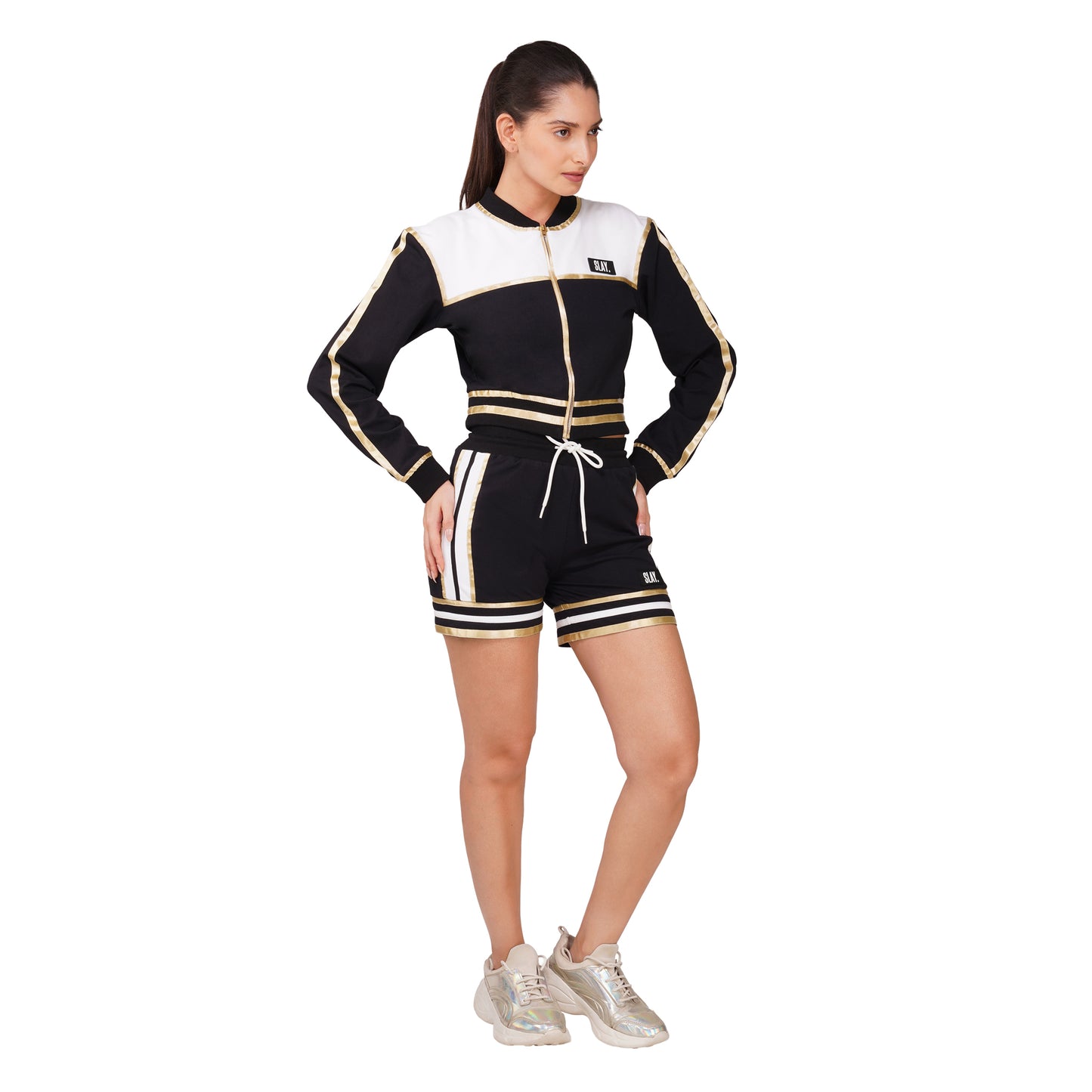 SLAY. Women's Black Power Play 3-Piece Co-ord Set – Jacket + Crop Top + Shorts or Pants | Made to Order