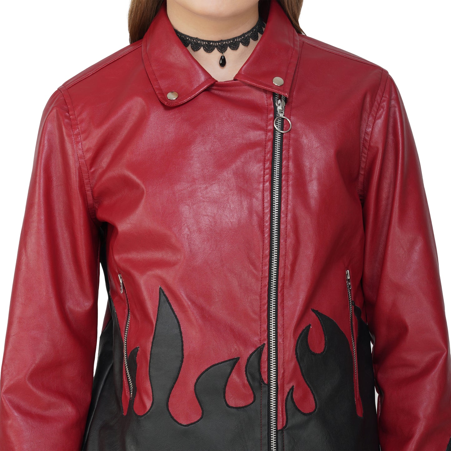 SLAY. Faux Leather Flames Jacket Red & Black
