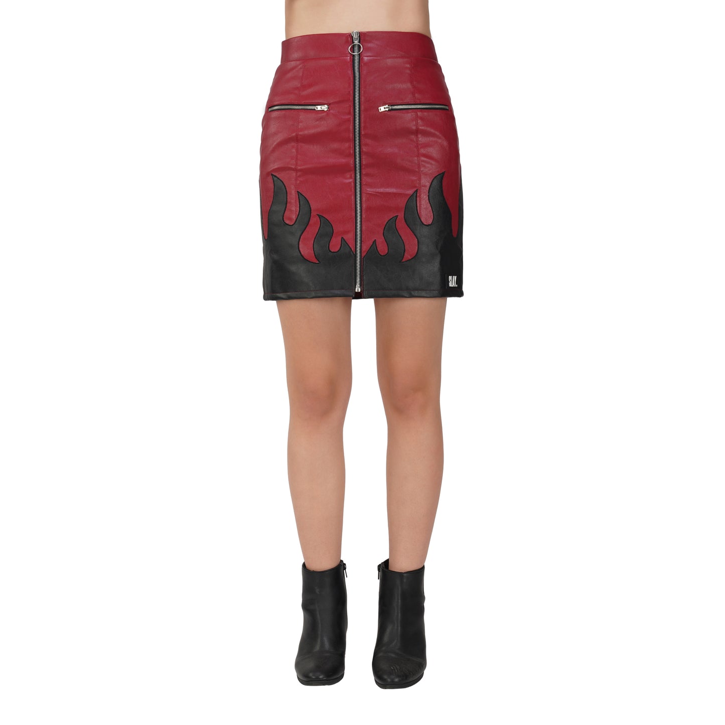 SLAY. Women's Faux Leather Flame Mini Skirt Red & Black