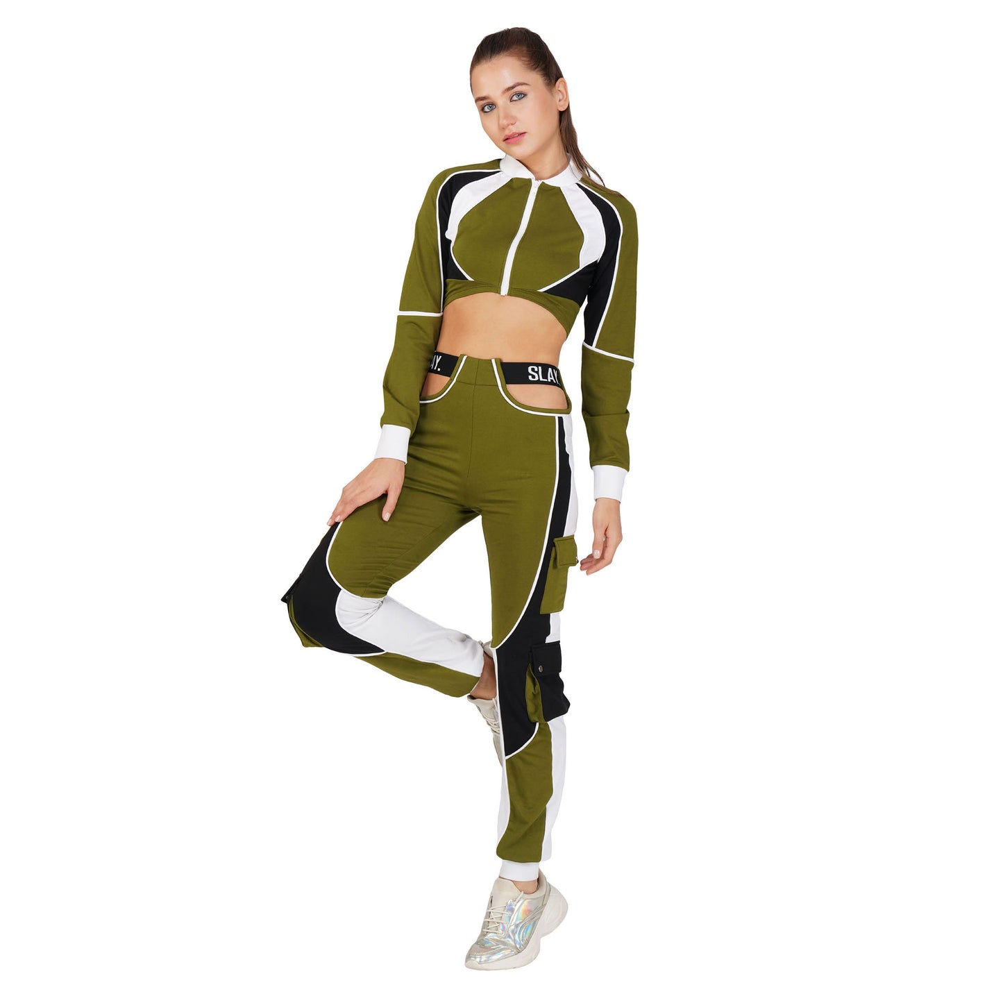 SLAY. Women's Activewear Tracksuit Olive Colorblock Crop Jacket & High Waist Cargo Pants Co-ord Set(3 piece)