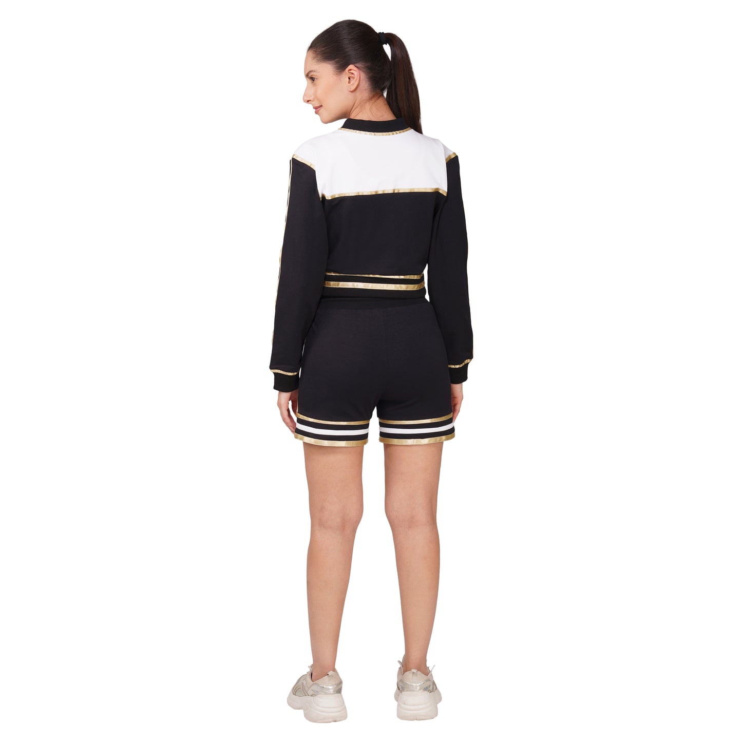 SLAY. Women's Black Power Play 3-Piece Co-ord Set – Jacket + Crop Top + Shorts or Pants | Made to Order