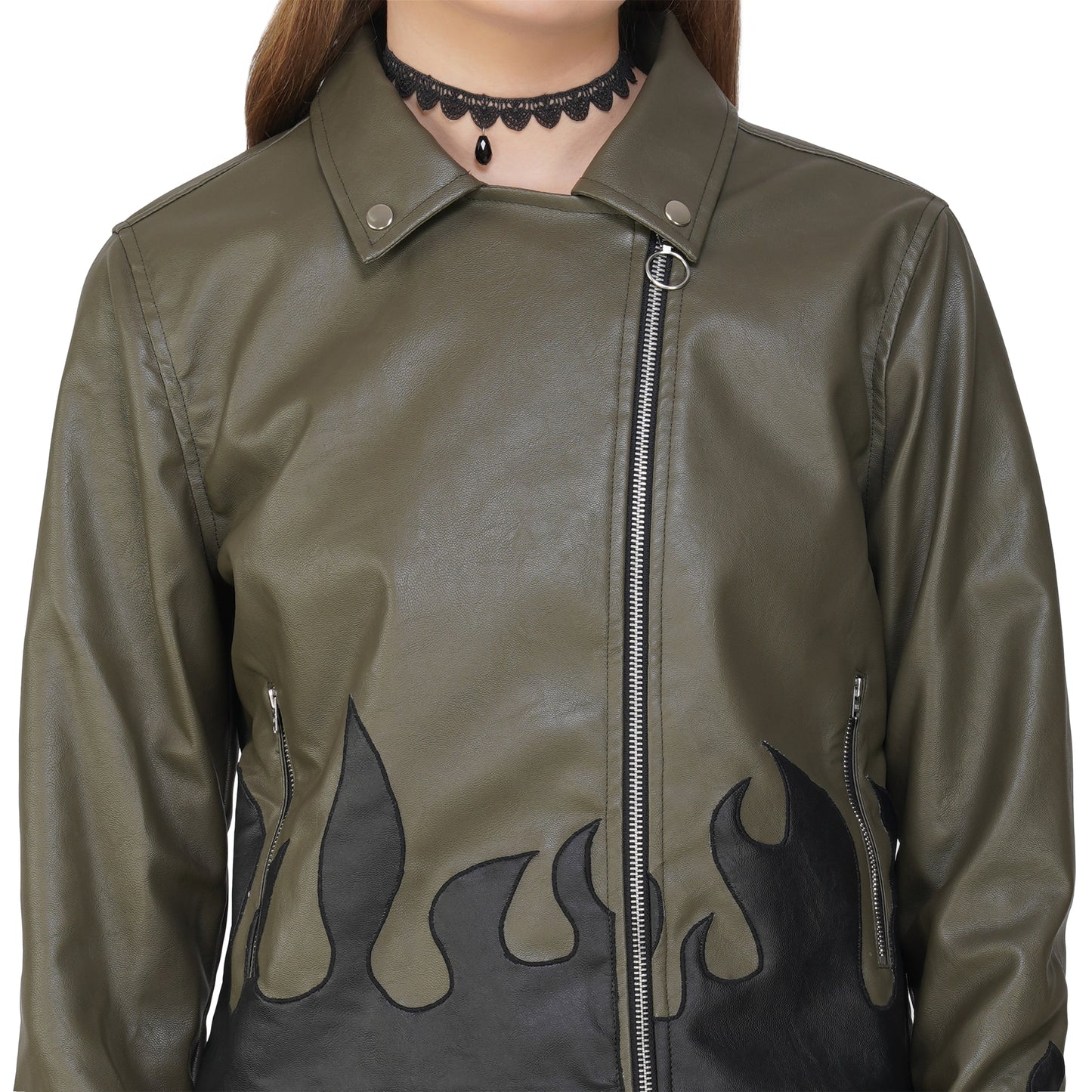 SLAY. Faux Leather Flames Jacket Olive & Black