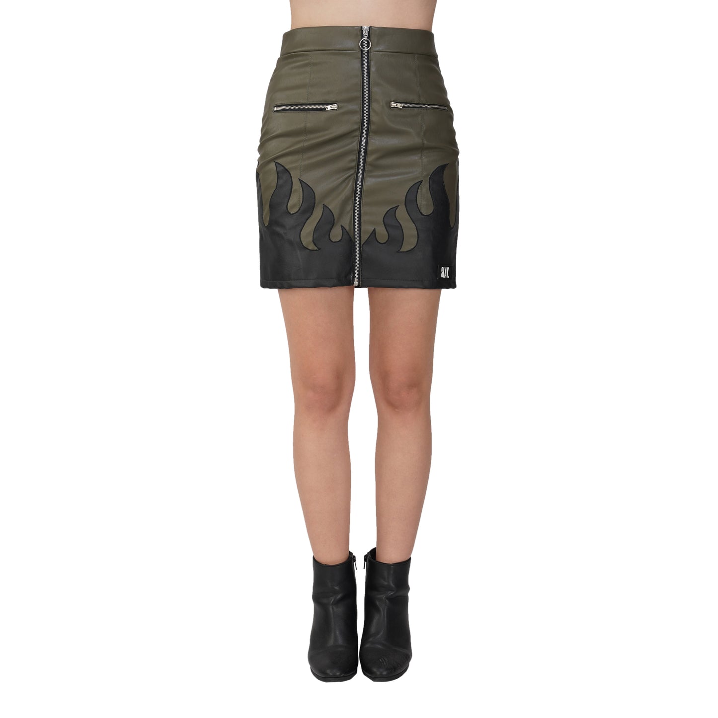 SLAY. Faux Leather Flames Jacket & Skirt Co-ord Set Olive & Black